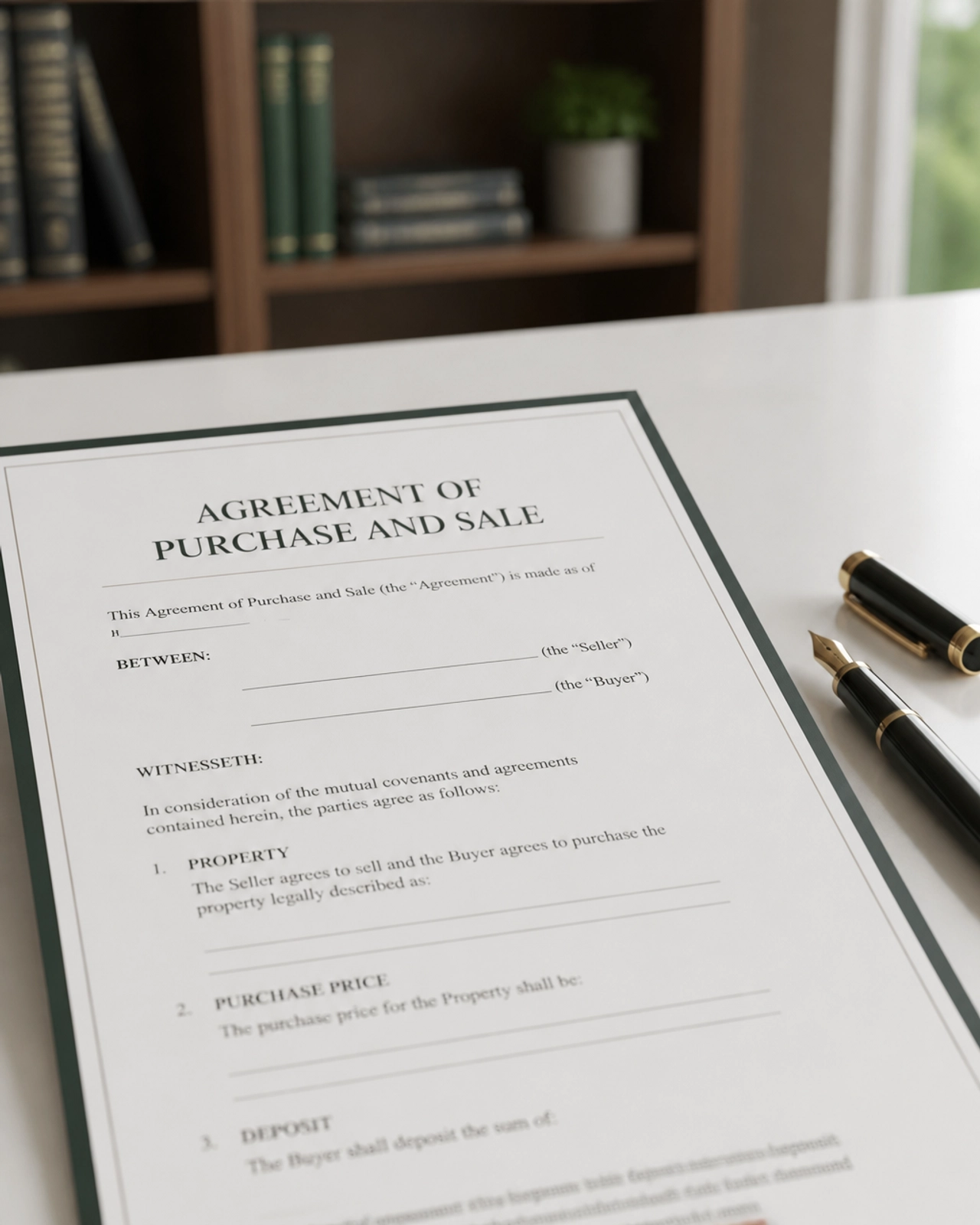 An Agreement of Purchase and Sale document with a pen, representing the final stages of a real estate transaction.