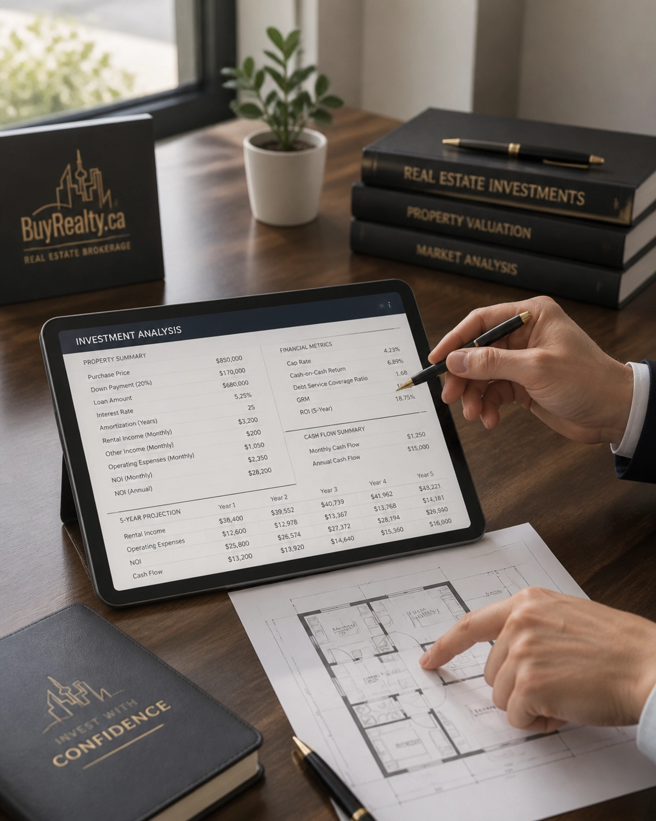 Professional real estate consultation showcasing financial data and floor plans on a walnut desk.