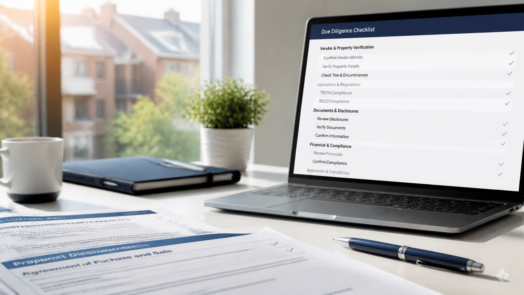 Close-up desk scene with a due diligence checklist on a laptop and generic property documents