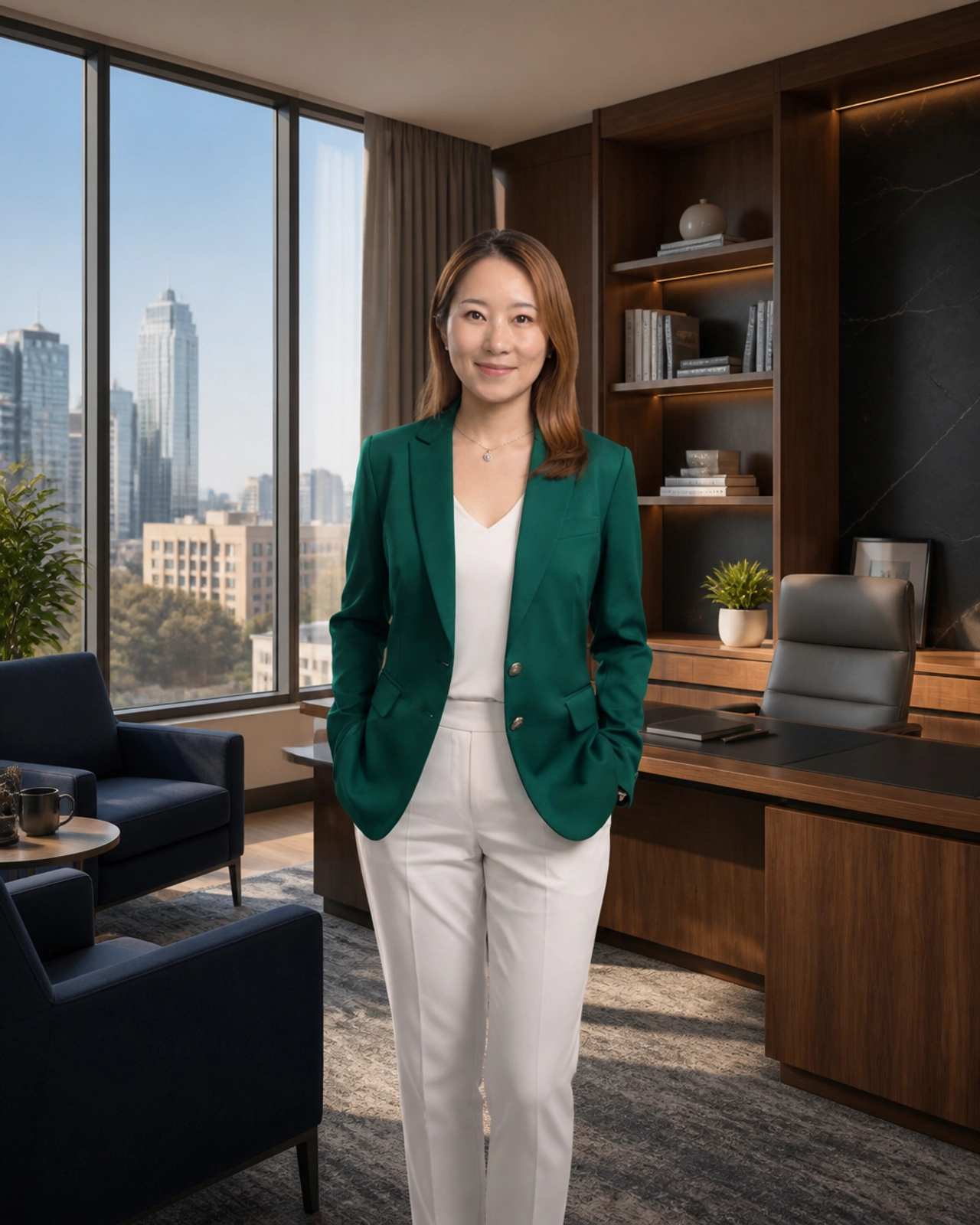 A sophisticated executive office in Markham with walnut wood accents and a slate grey color palette, overlooking the skyline.