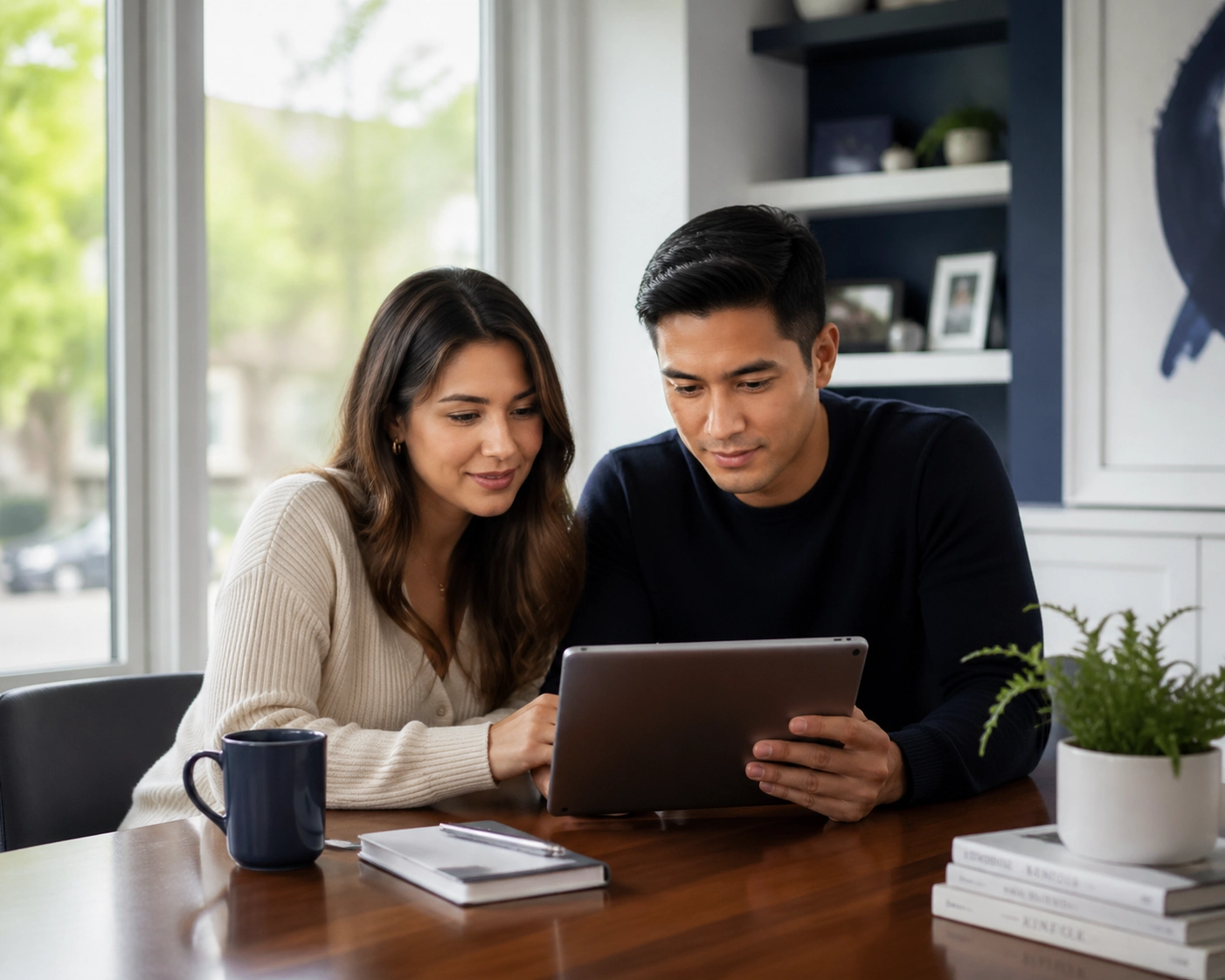 First-time home buyers in North York planning their real estate budget together.