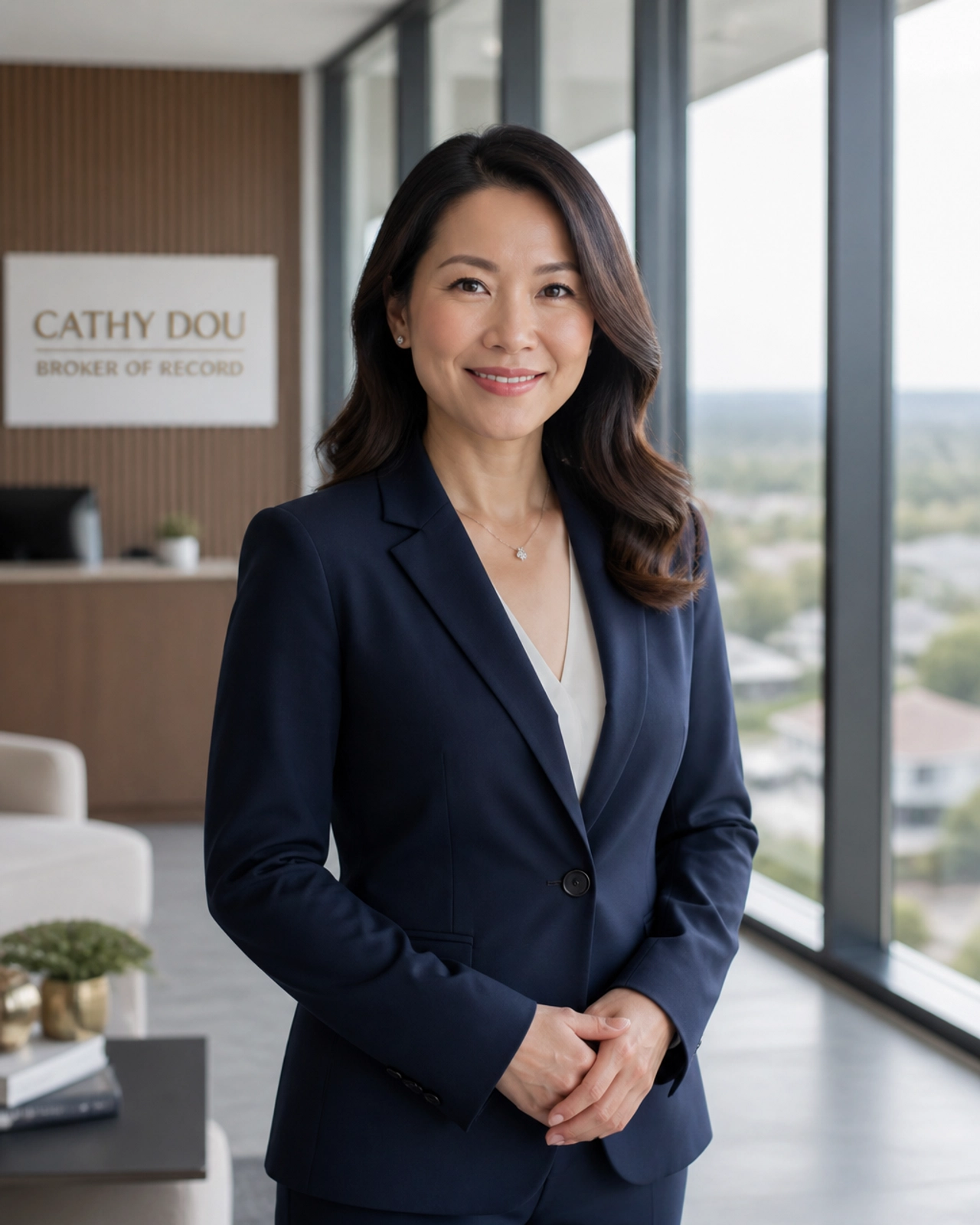 Cathy Dou, Broker of Record, standing in a professional, sunlit office, ready to advise clients on their Ontario real estate strategy.