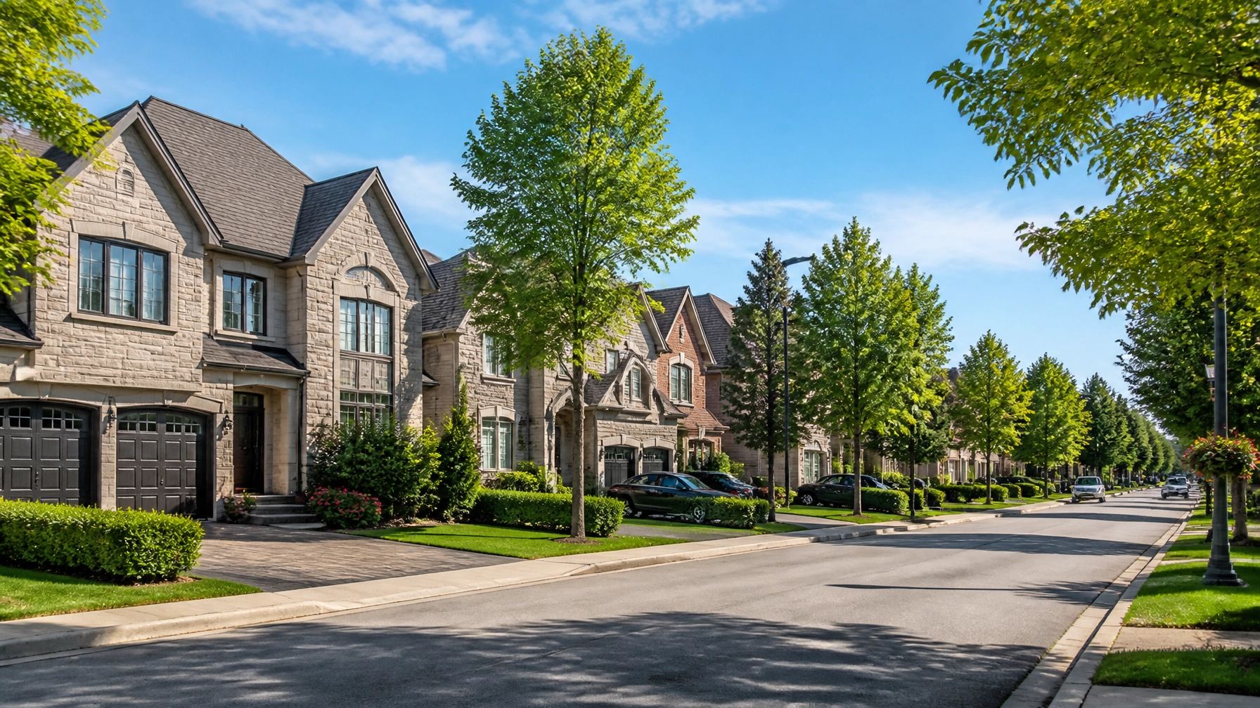 A serene residential street in a high-end Ontario neighbourhood, showcasing local community stability.