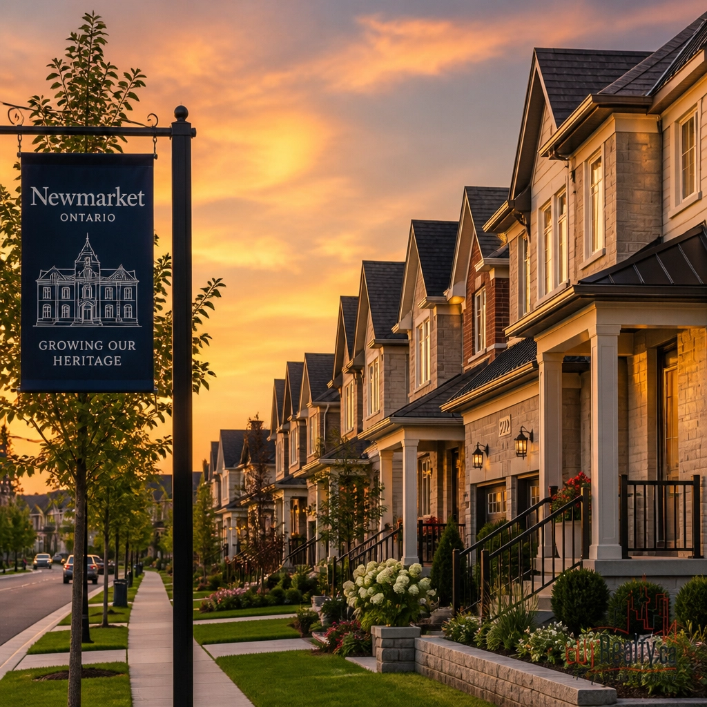 A modern suburban street in Newmarket showcasing newly built detached homes