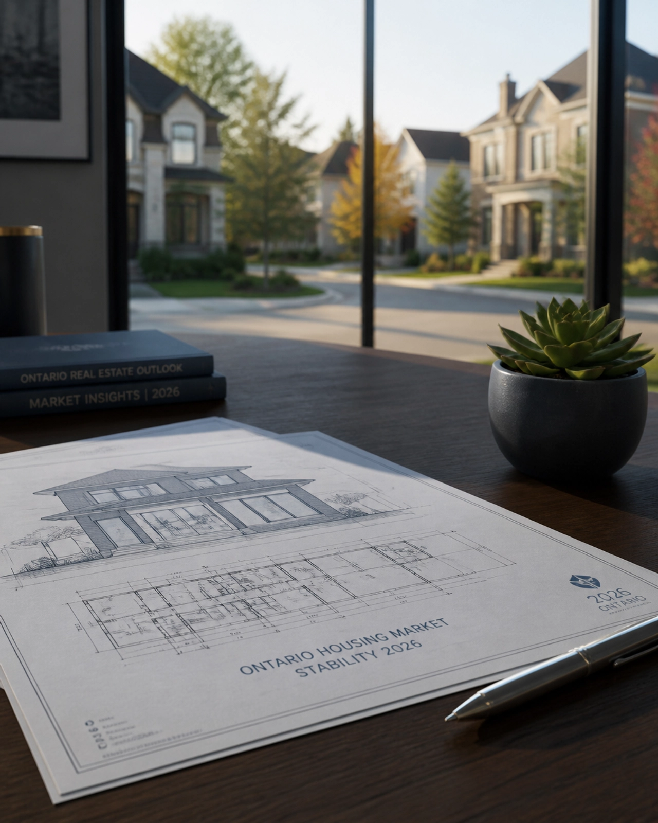 Conceptual image of architectural blueprints for an Ontario home on a walnut wood desk, representing market strategy.