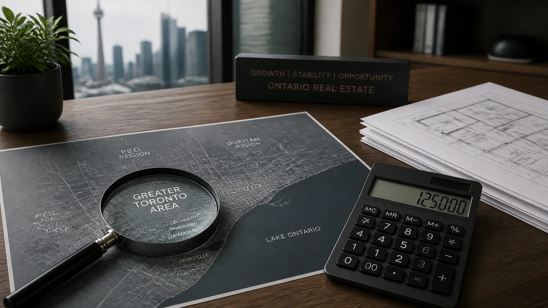 A professional visual of a GTA property map, magnifying glass, and calculator on a walnut desk