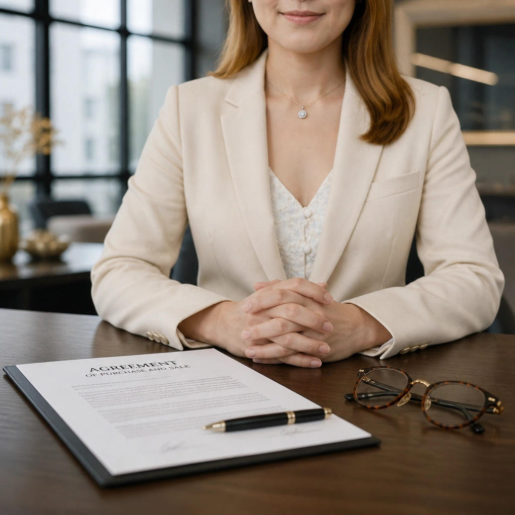 Close-up of a professional real estate contract review with hands on a walnut desk