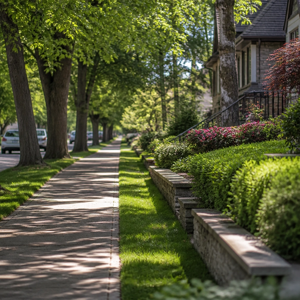 Family-friendly neighbourhood street in Willowdale or North York with tree-lined homes, sidewalks, and community green space