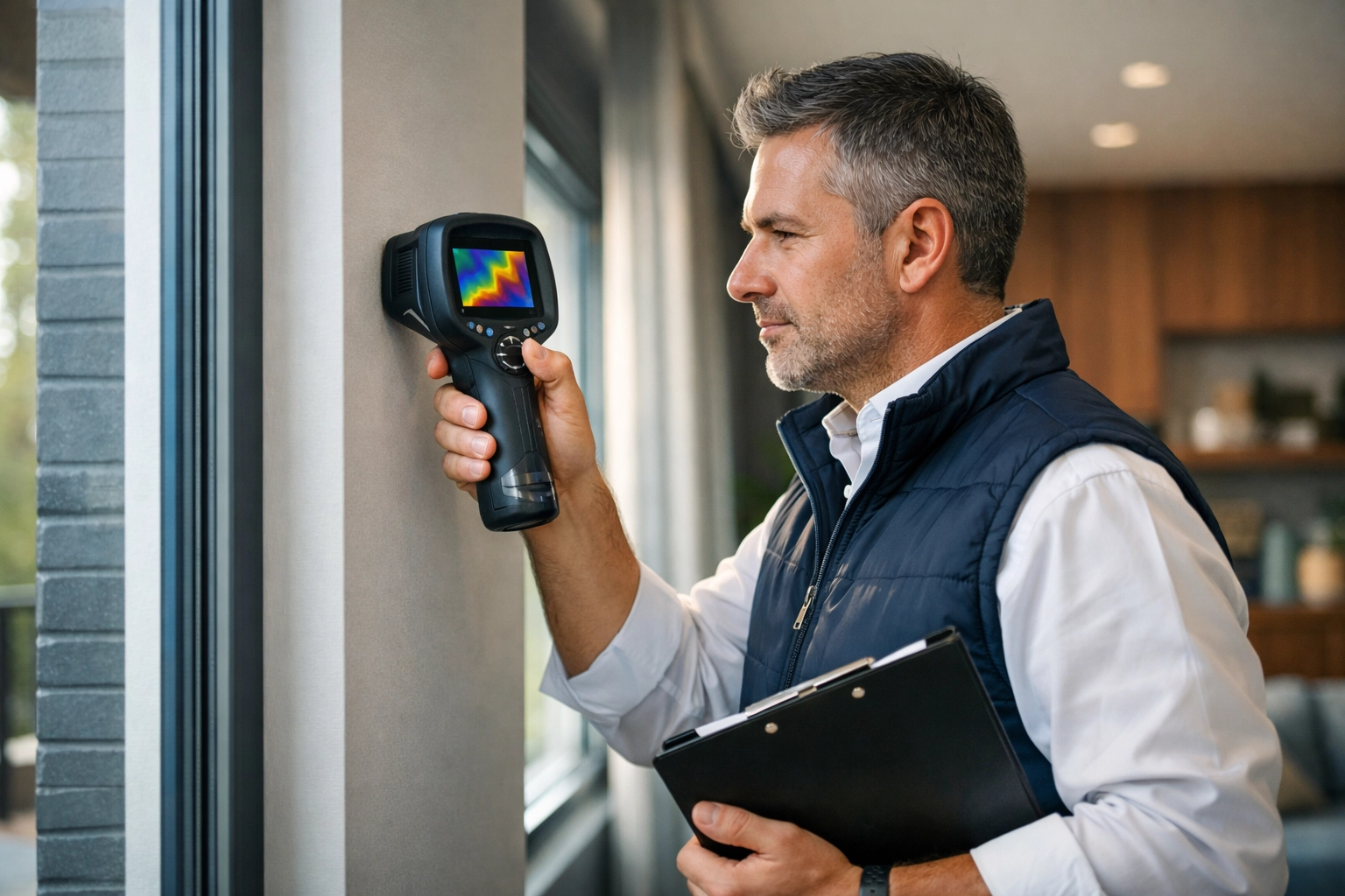Professional home inspector performing a home inspection for an Ontario first-time home buyer in a modern home.