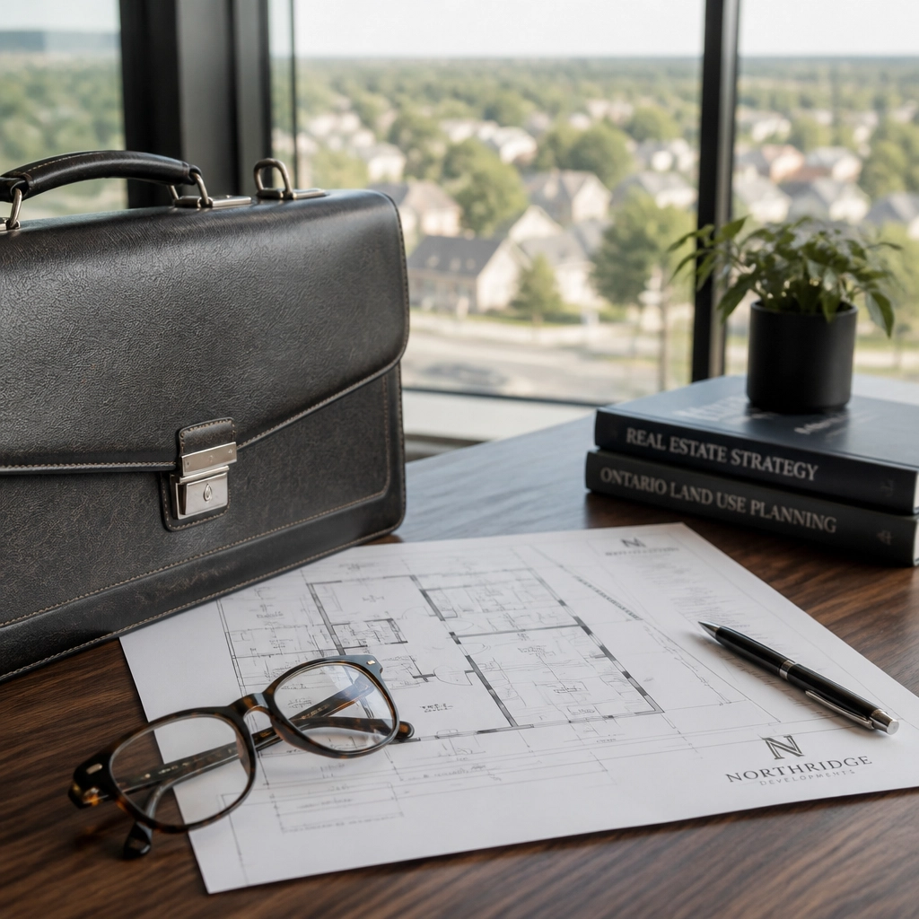 Strategic planning with floor plans and a briefcase on a walnut desk