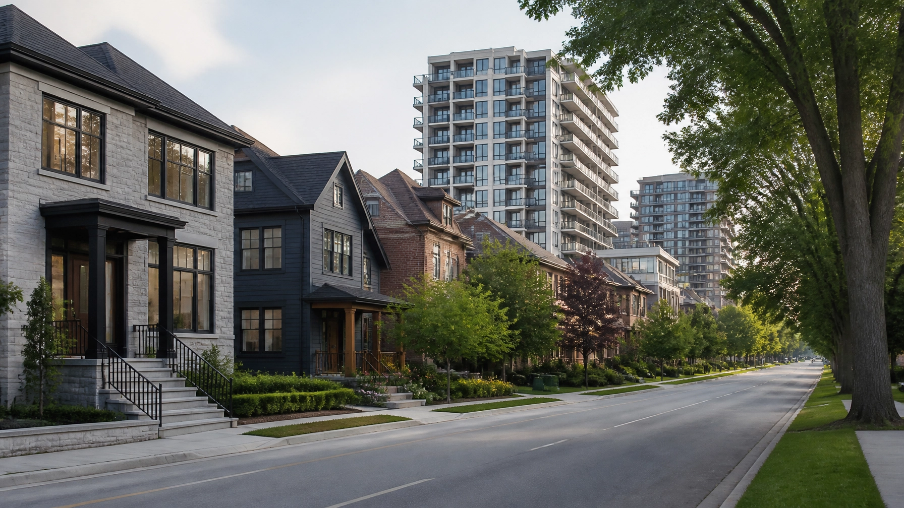 Tree-lined Willowdale residential street with detached homes, semis, and mid-rise condominium buildings near an urban corridor