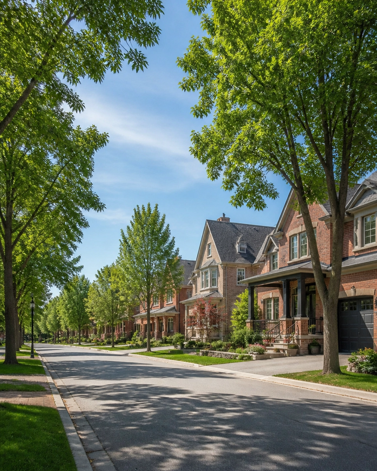 A quiet, mature tree-lined street in an Ontario residential neighbourhood, symbolizing the stability of the local market.