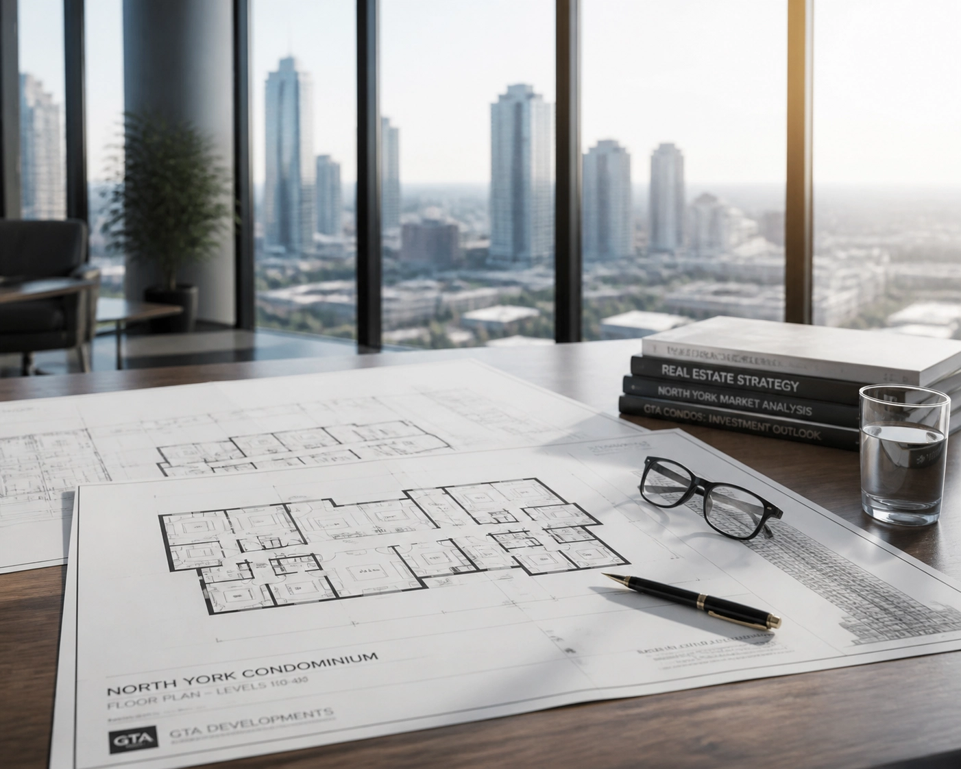 Reviewing GTA pre-construction condo floor plans during a real estate investment strategy session in North York.