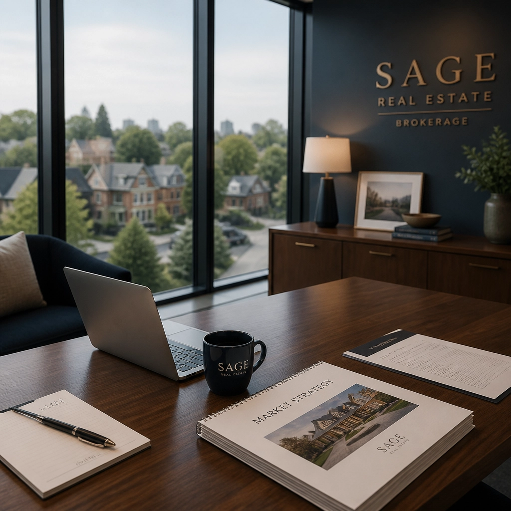 A professional real estate consultation setting with a walnut desk and view of an Ontario neighbourhood.