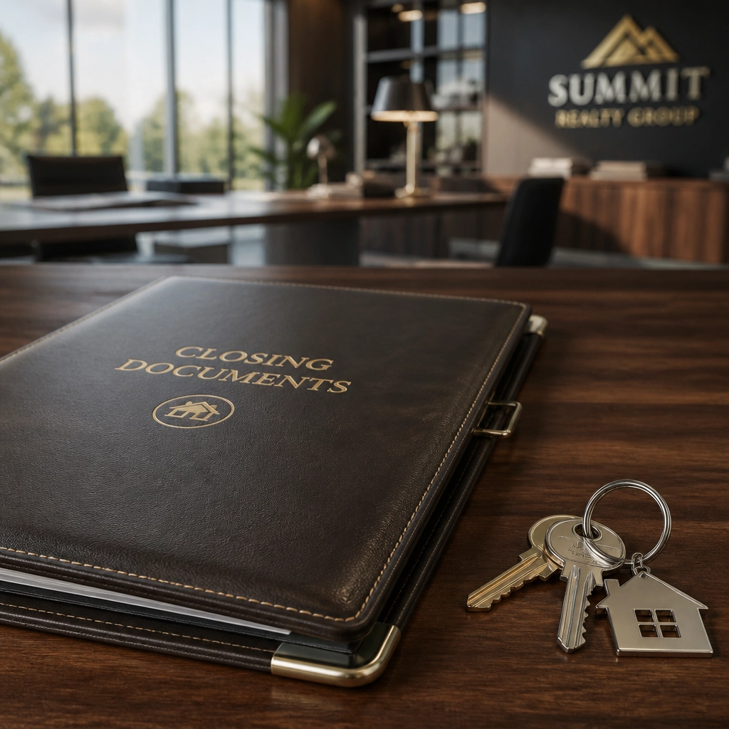 House keys and a leather folder on a walnut desk, symbolizing a secure and professional closing process.