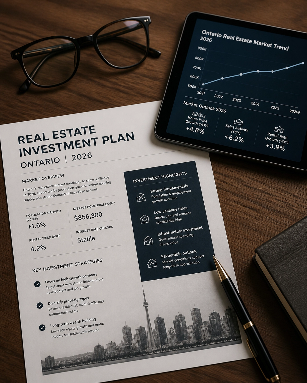 A professional investment plan on a walnut desk with a tablet showing a market trend graph, representing the strategic planning required in the 2026 market.