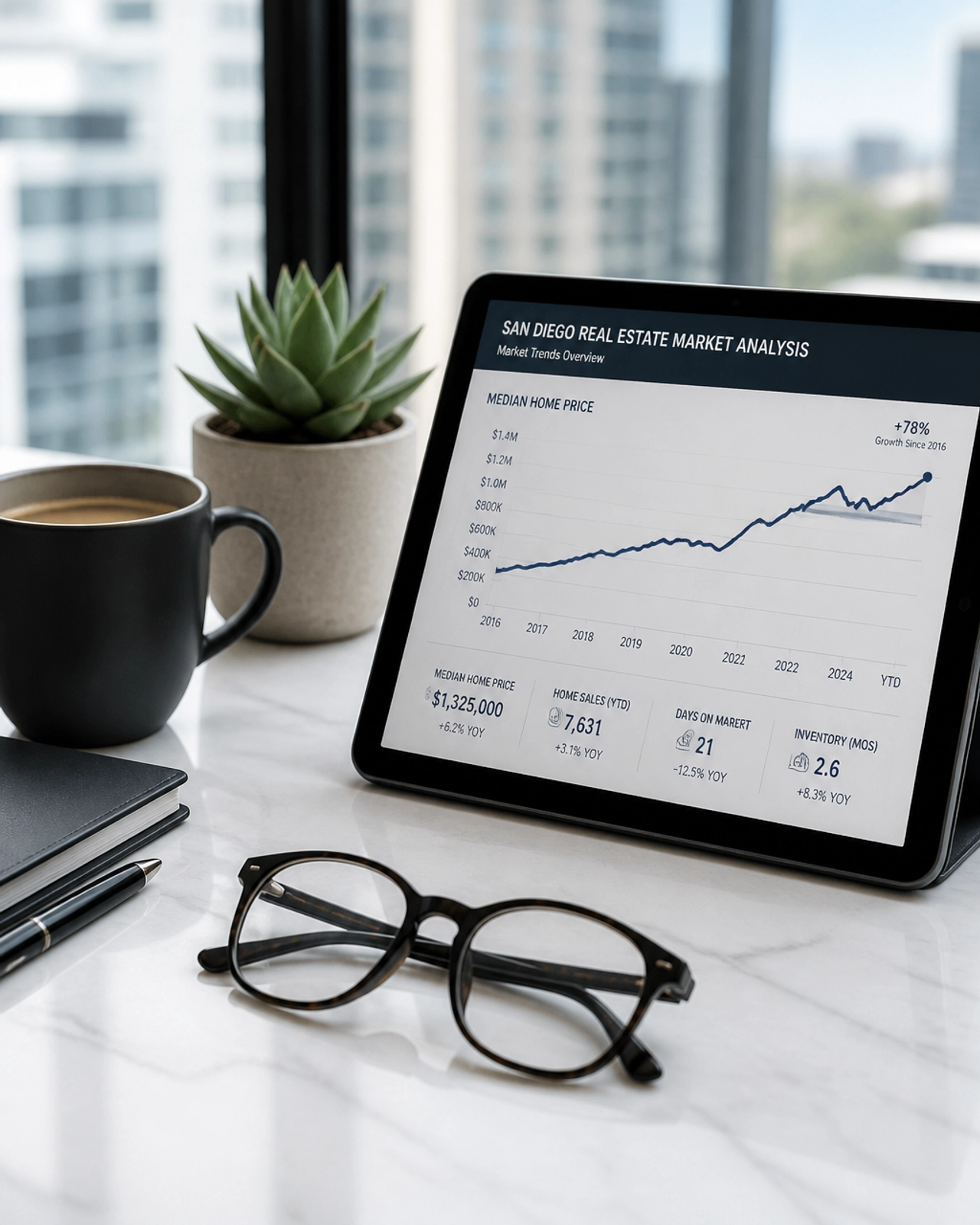 Professional real estate market analysis showing upward trends on a digital tablet in a bright office.