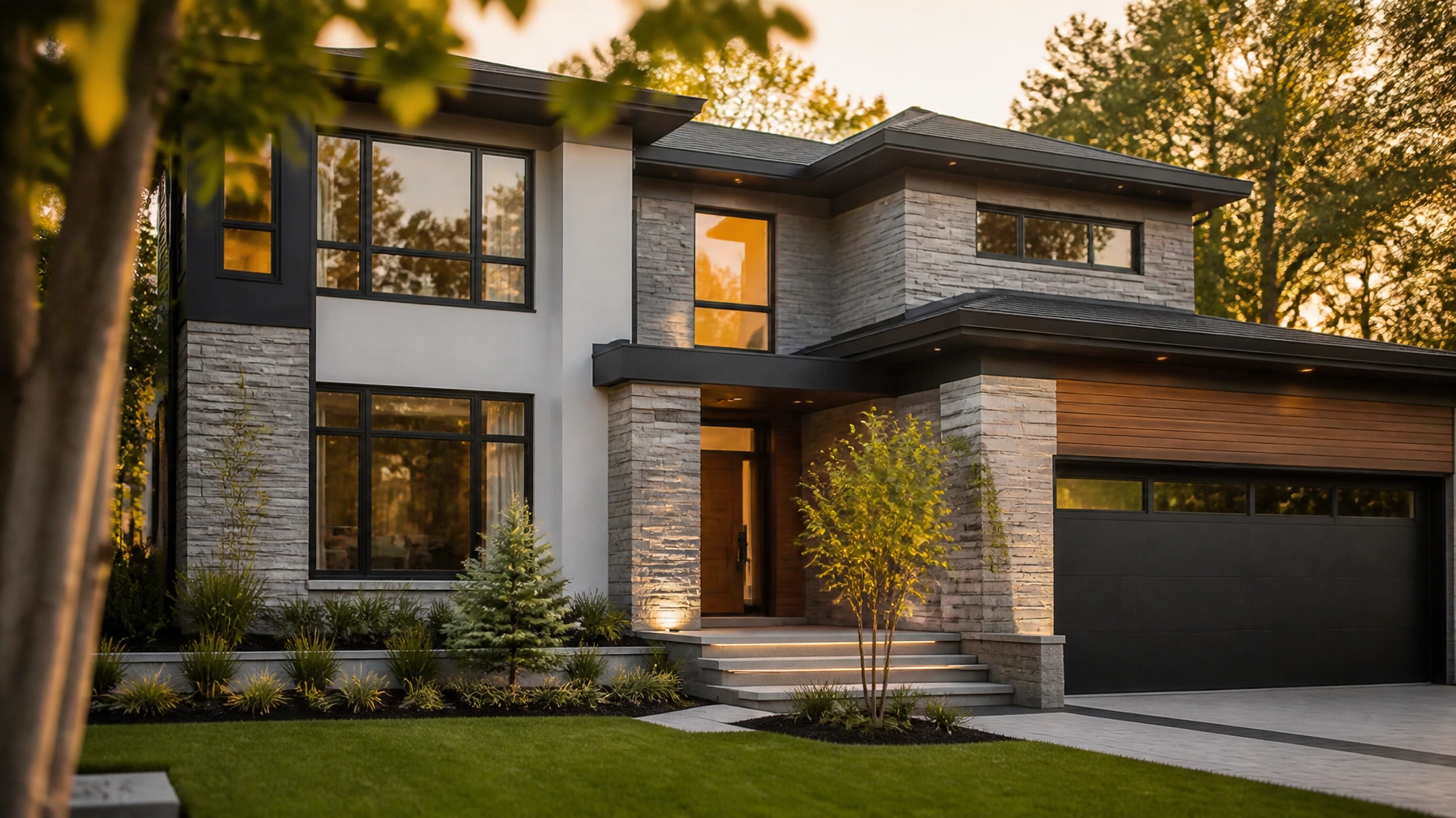 Modern Ontario suburban home at golden hour, representing stable homeownership.