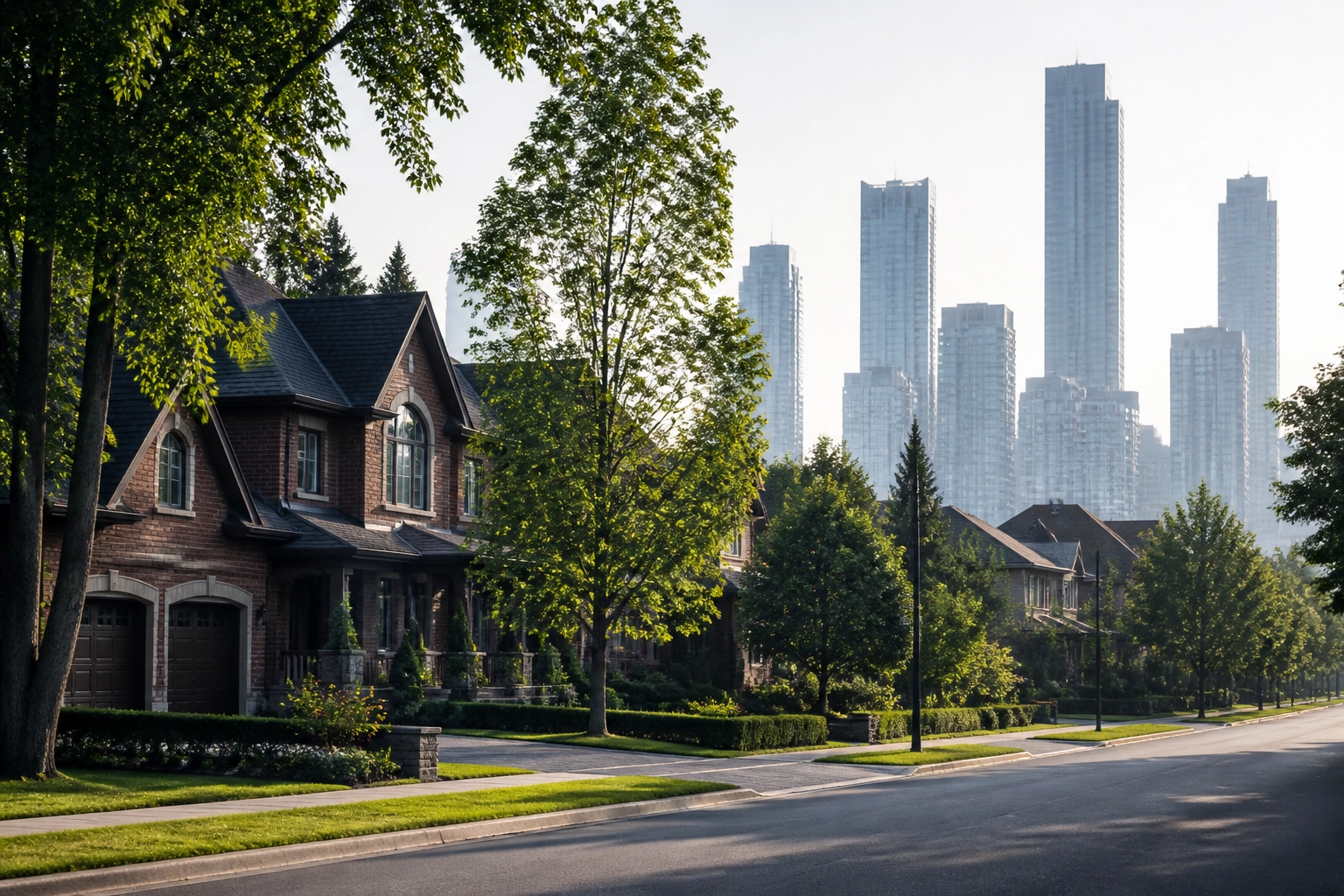 Woodbridge detached house with VMC skyline in background, highlighting Vaughan’s diverse real estate.