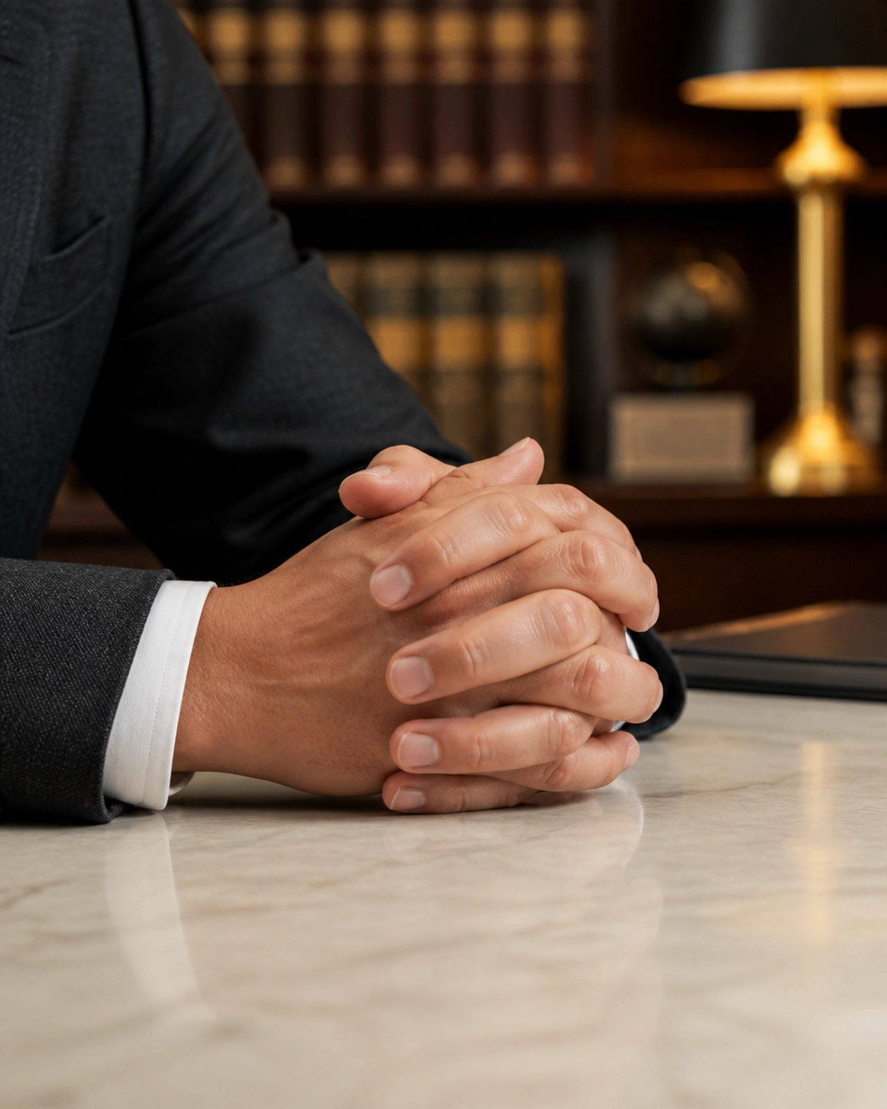 A professional setting with hands clasped on a desk, symbolizing the authoritative advice and active listening provided by BuyRealty.ca Brokerage.