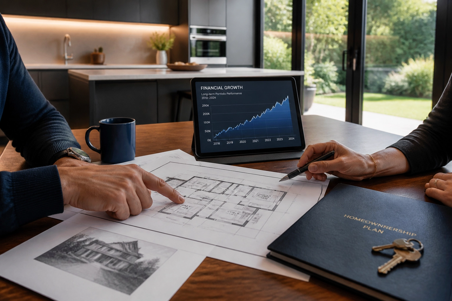 First-time home buyers in Ontario reviewing mortgage financing and floor plans for their new home.