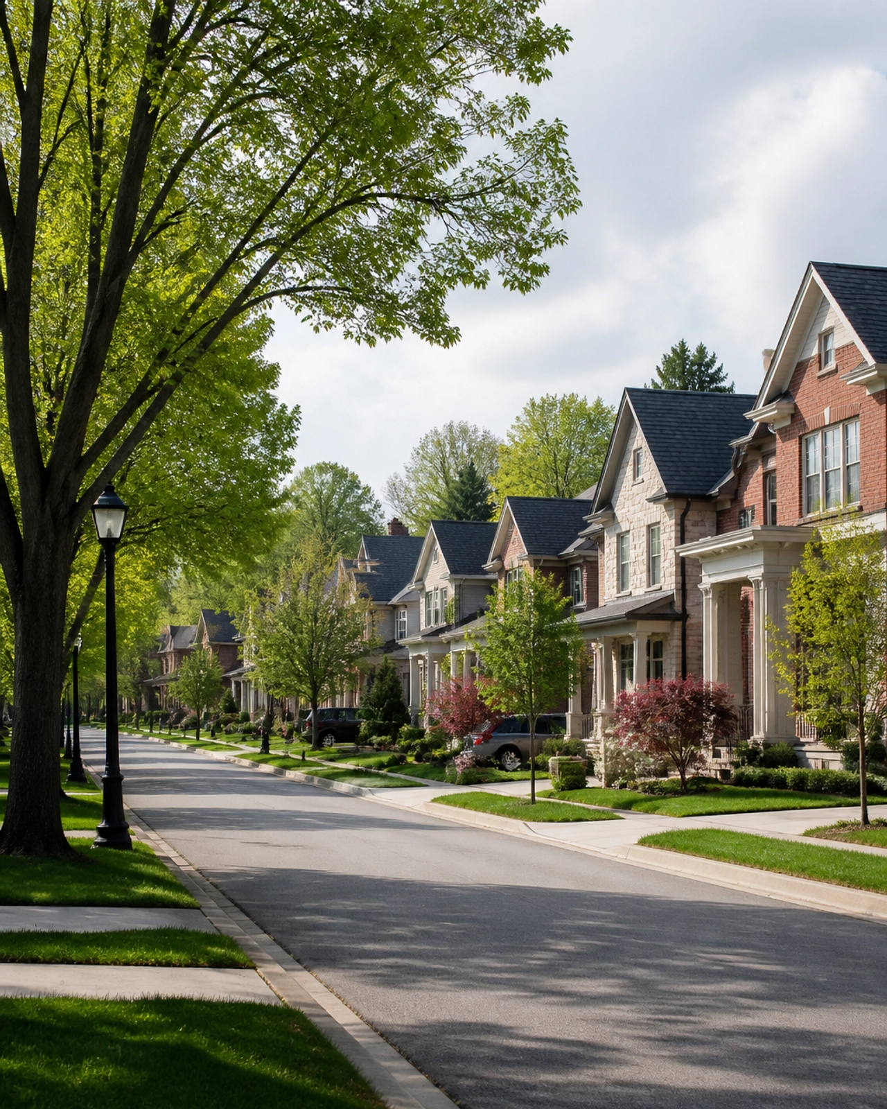 A peaceful, upscale residential street in an Ontario neighbourhood representing community stability.