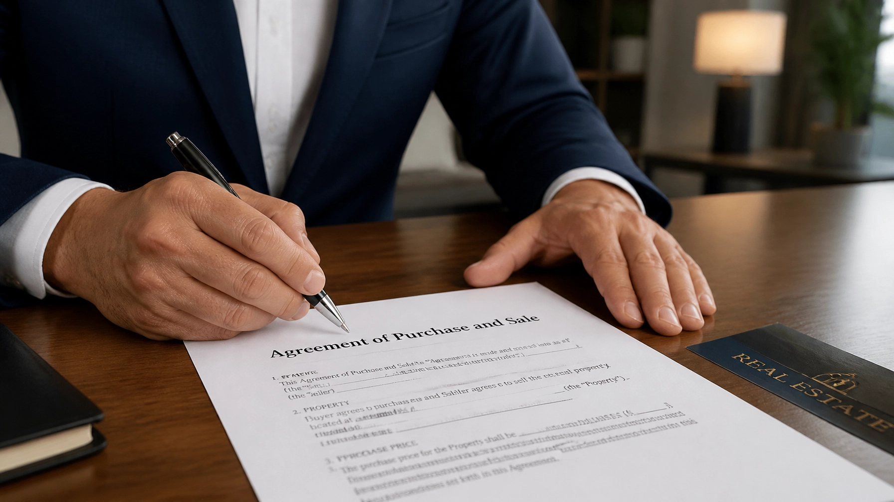 Close-up of a professional real estate contract being signed on a walnut desk