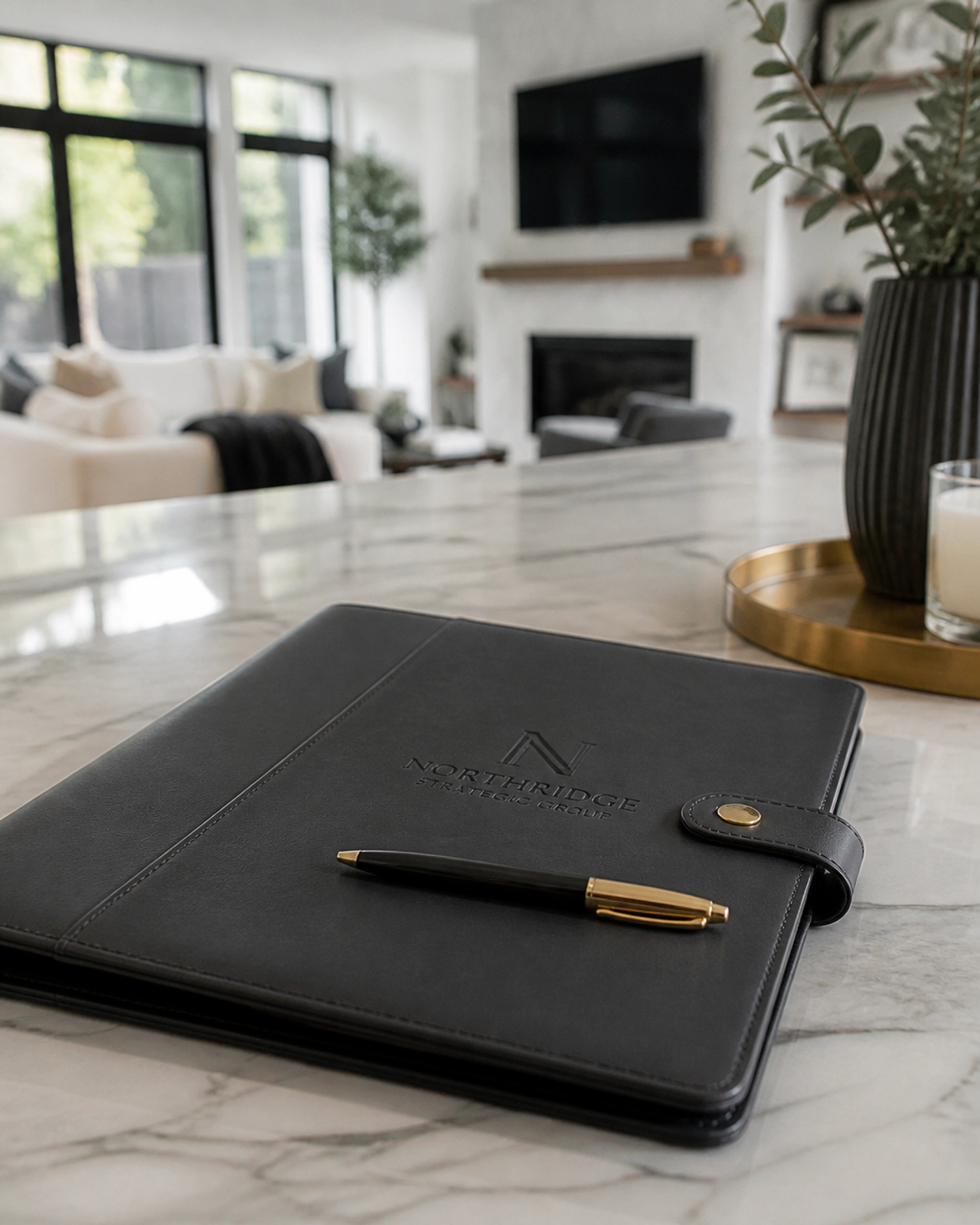 Strategic planning with a leather folder and pen on a marble kitchen island