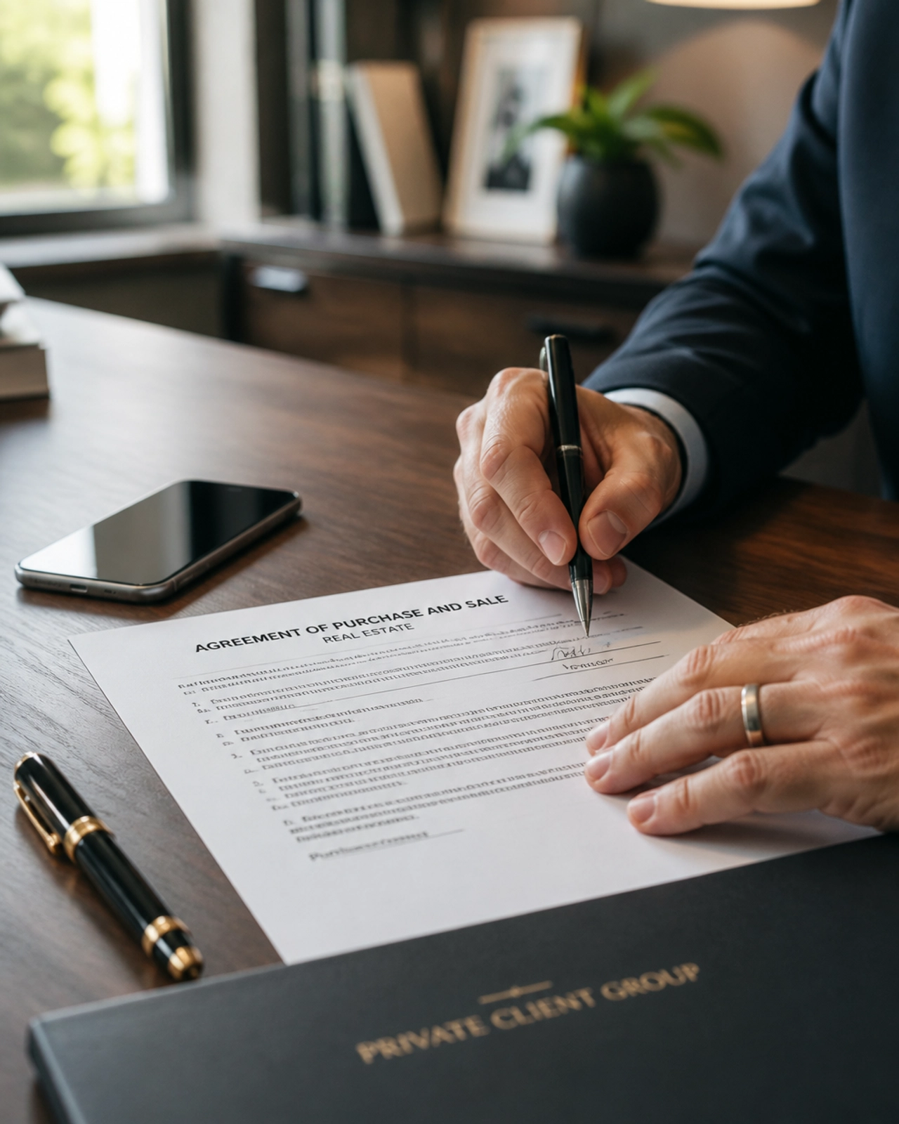A professional signing a real estate contract on a walnut desk.
