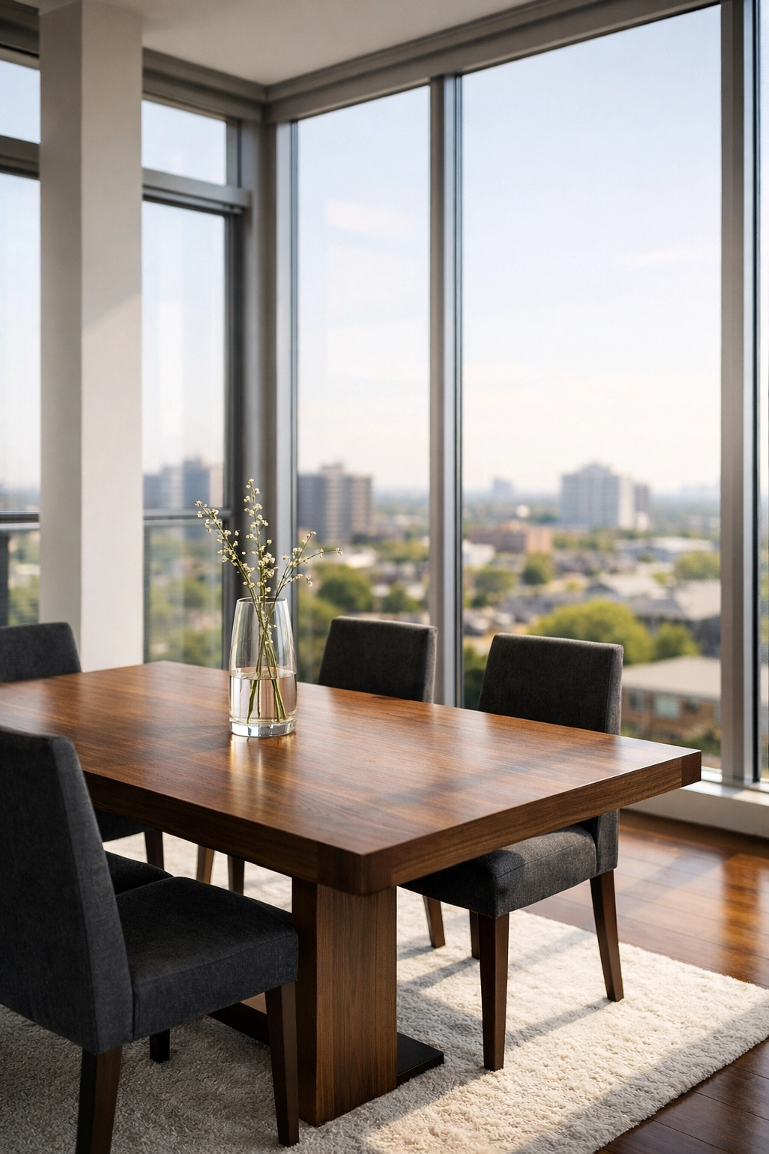 Modern Ontario condo interior with Markham skyline view, illustrating luxury rental properties.