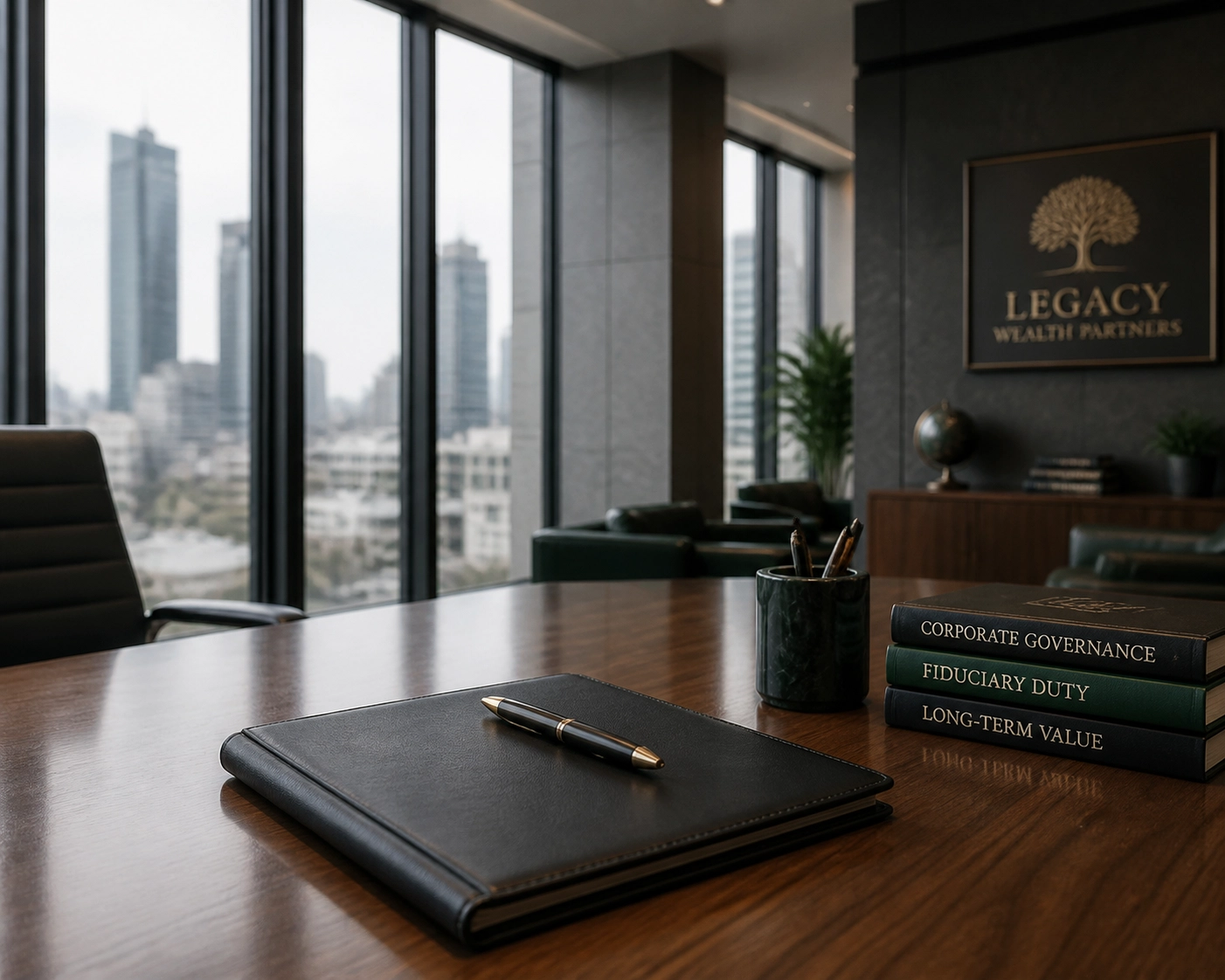 Modern executive office overlooking Mississauga city center, representing strategic real estate investment and stability.