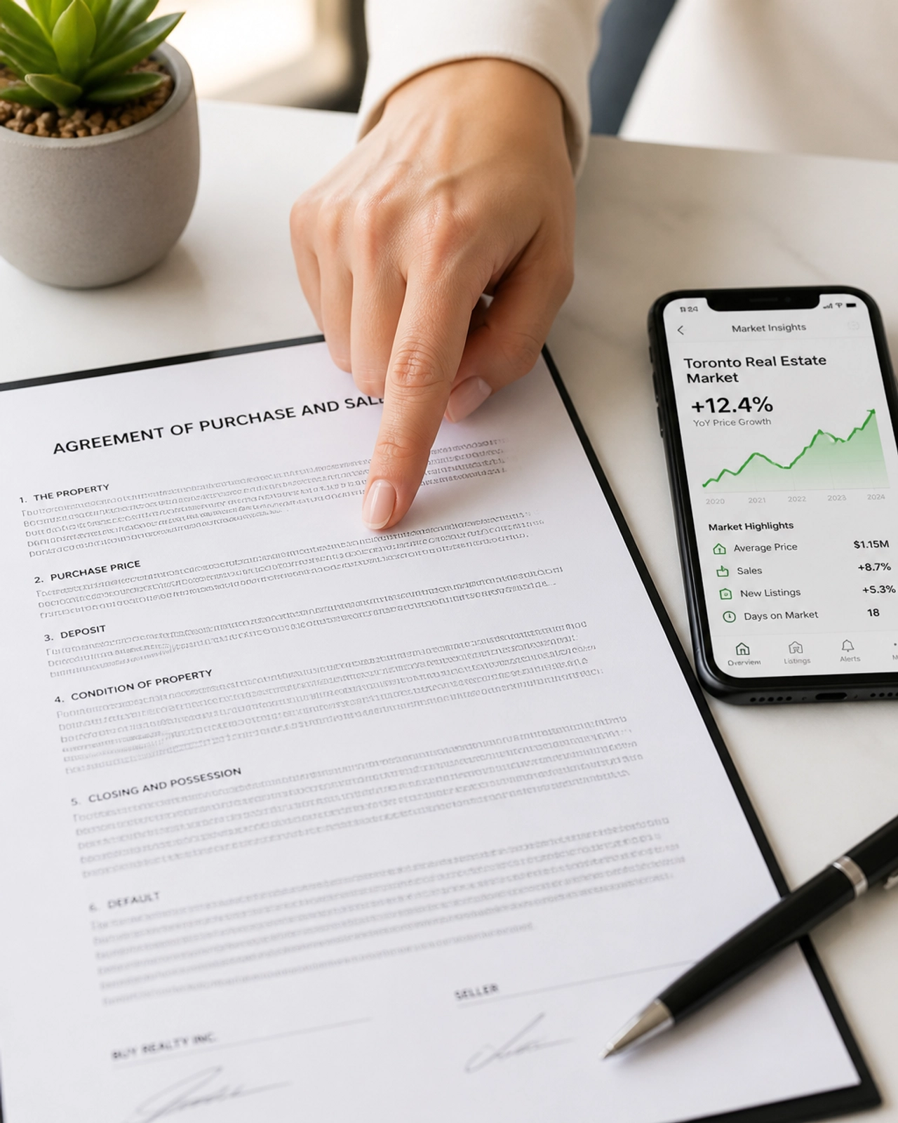 A professional hand pointing at a detailed real estate contract, highlighting the importance of clear representation and due diligence.