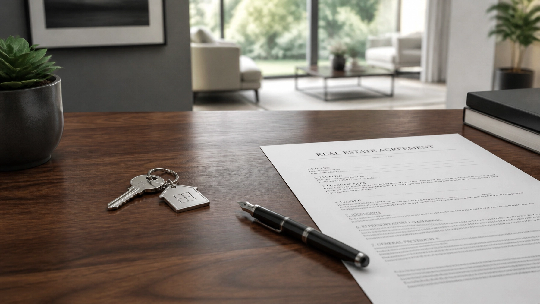 Professional desk with keys and real estate documents