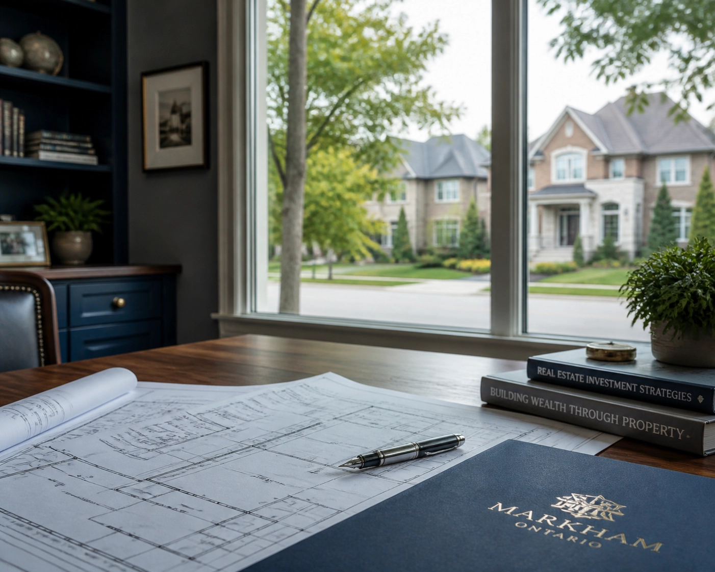 Strategic Markham real estate investment planning showing blueprints with a view of a stable suburban neighbourhood.