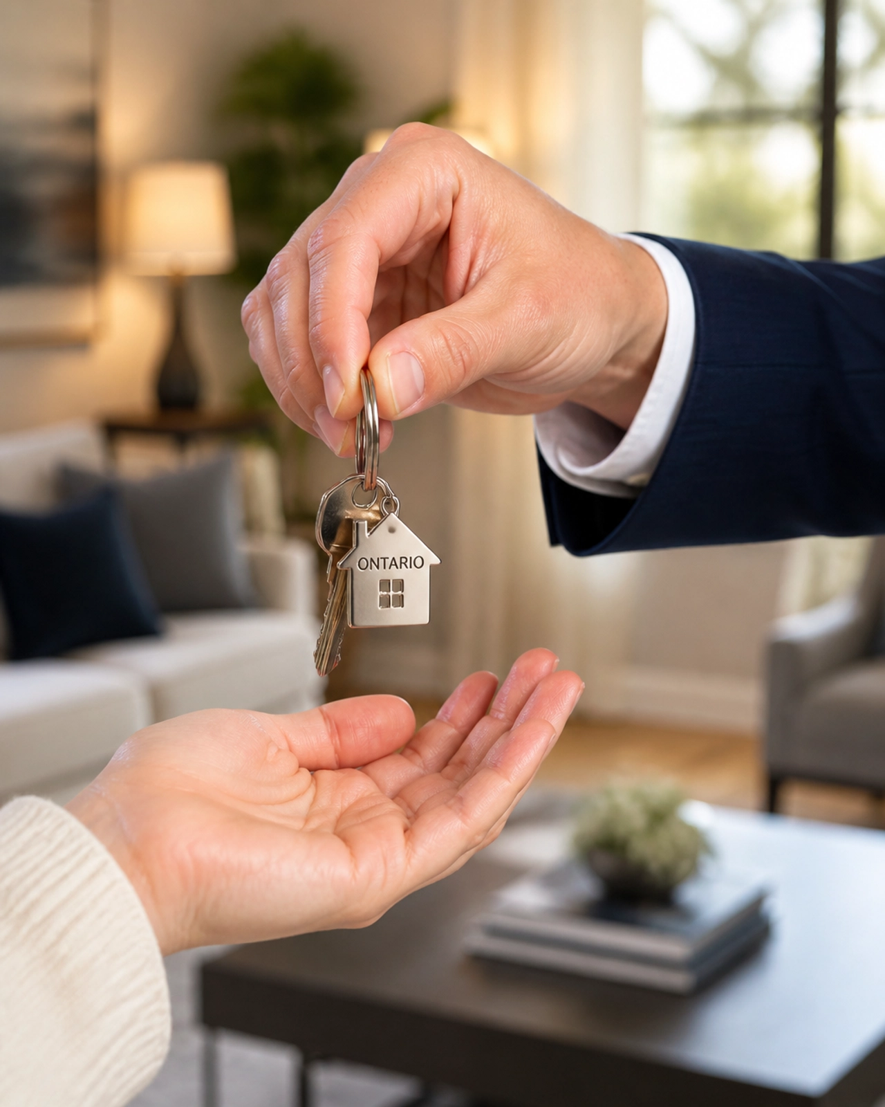 The moment of success: A professional hand-off of house keys, symbolizing the completion of the home-buying journey in Ontario.