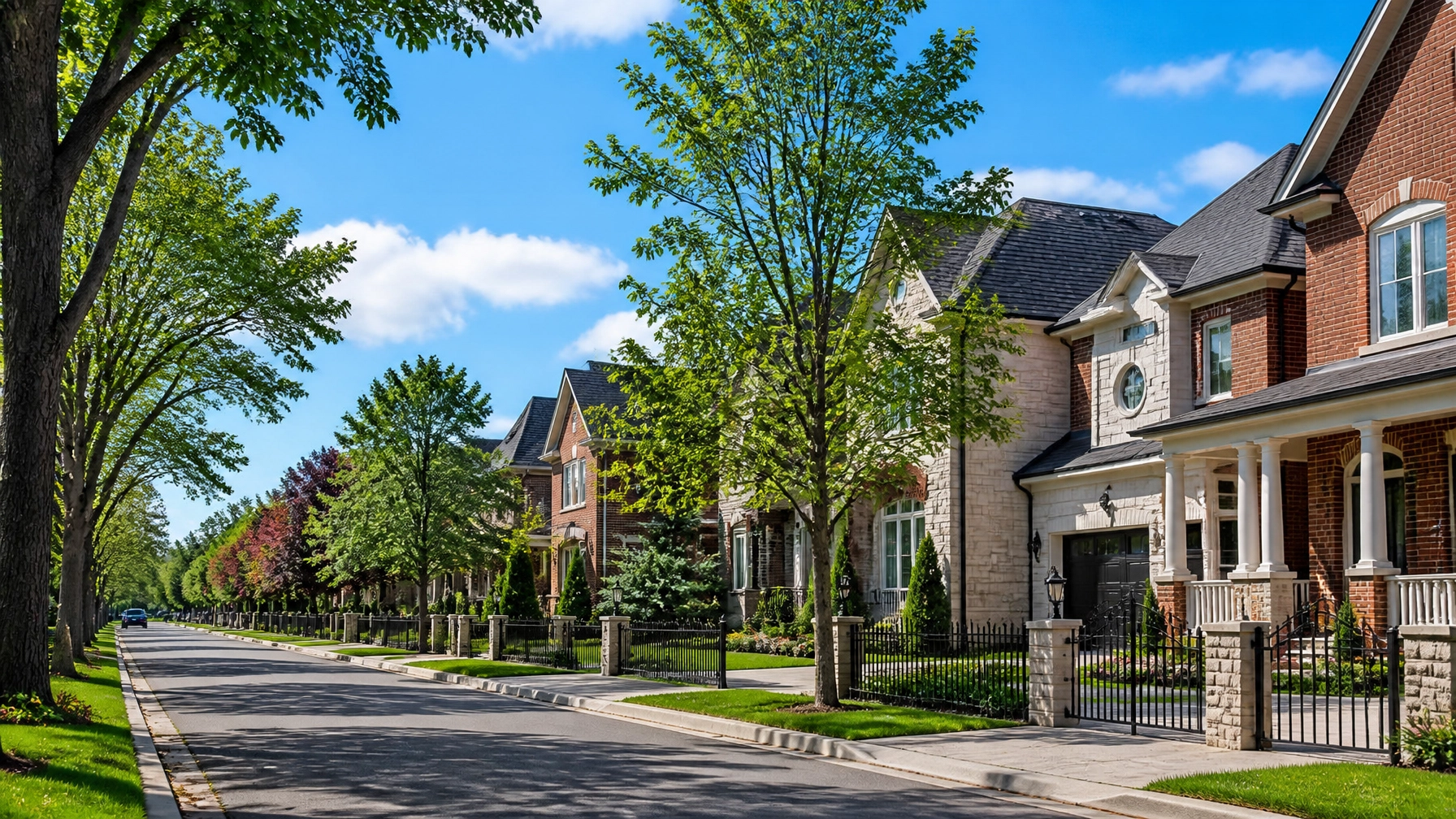 A serene residential street in a high-end Ontario neighborhood, showcasing the stability of freehold investments.