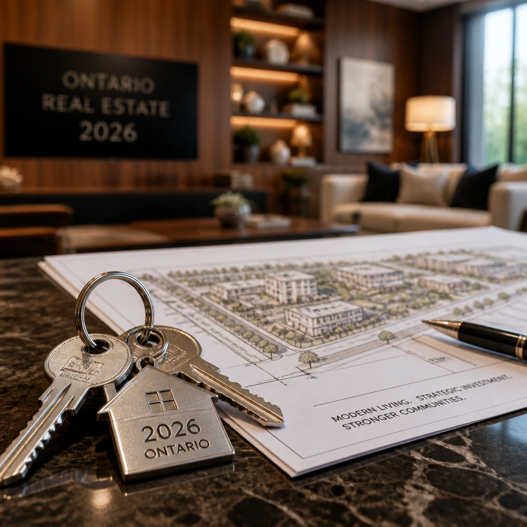 Close-up of house keys and residential blueprints, symbolizing a successful transaction in the 2026 Ontario market