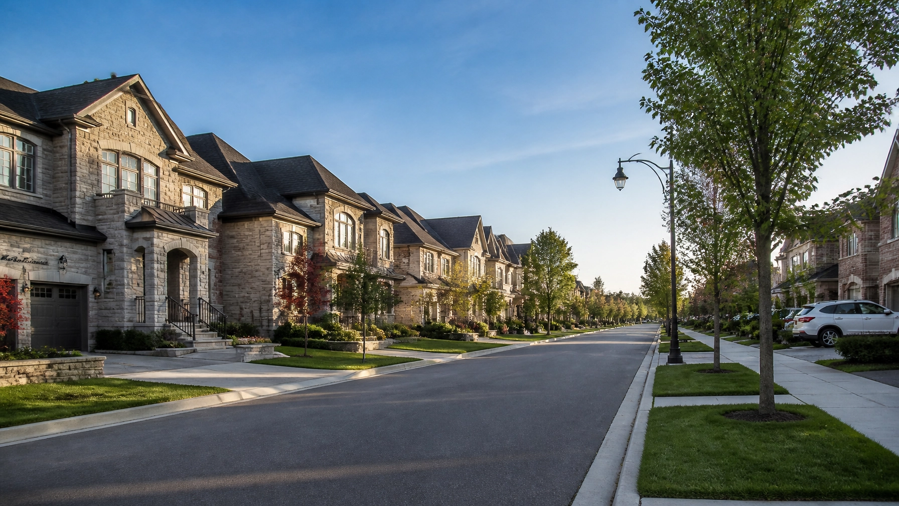 A street view of contemporary detached homes in a stable Markham neighbourhood.