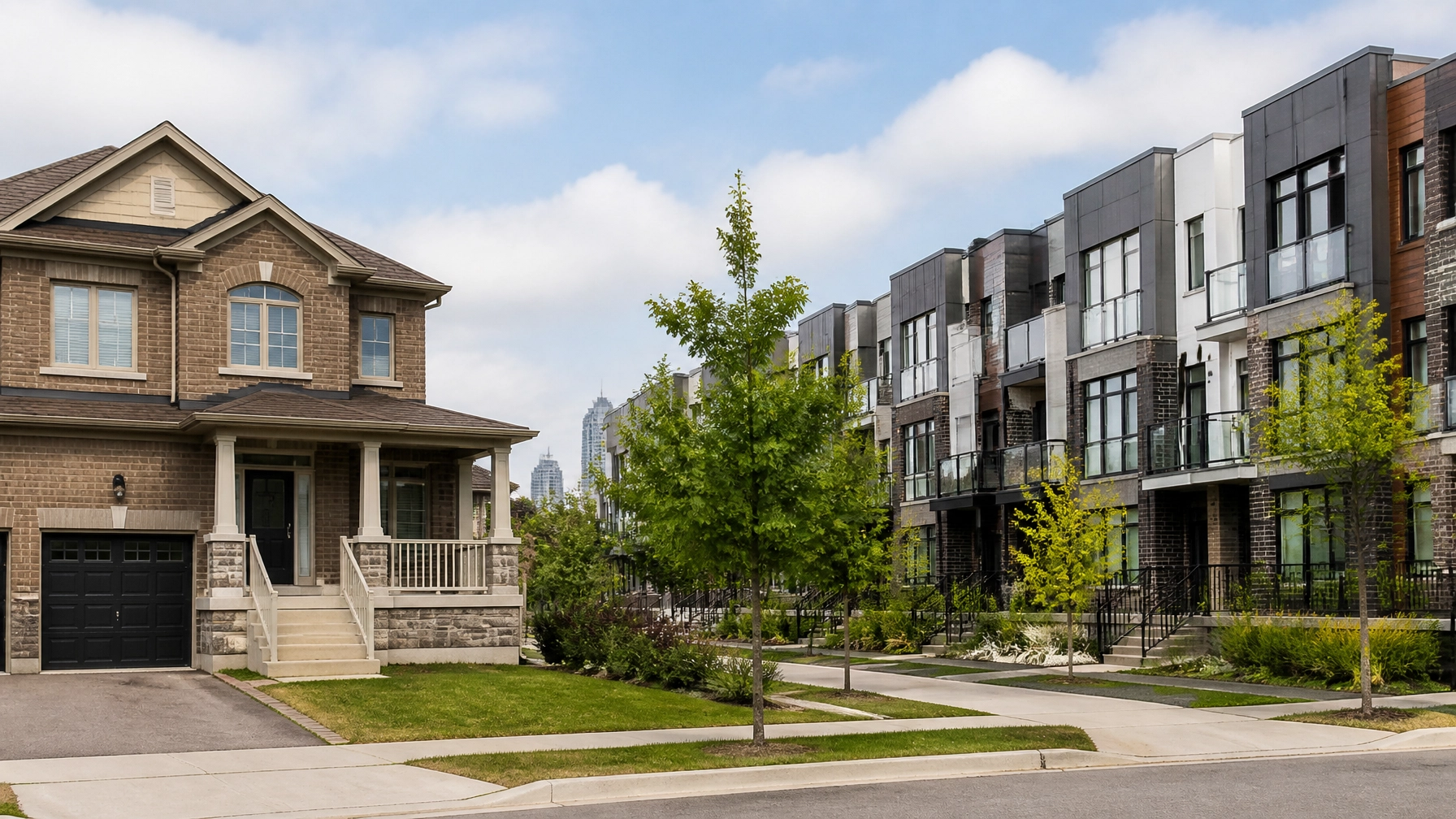 Contemporary Vaughan streetscape with a detached brick home beside modern townhomes and landscaped sidewalks