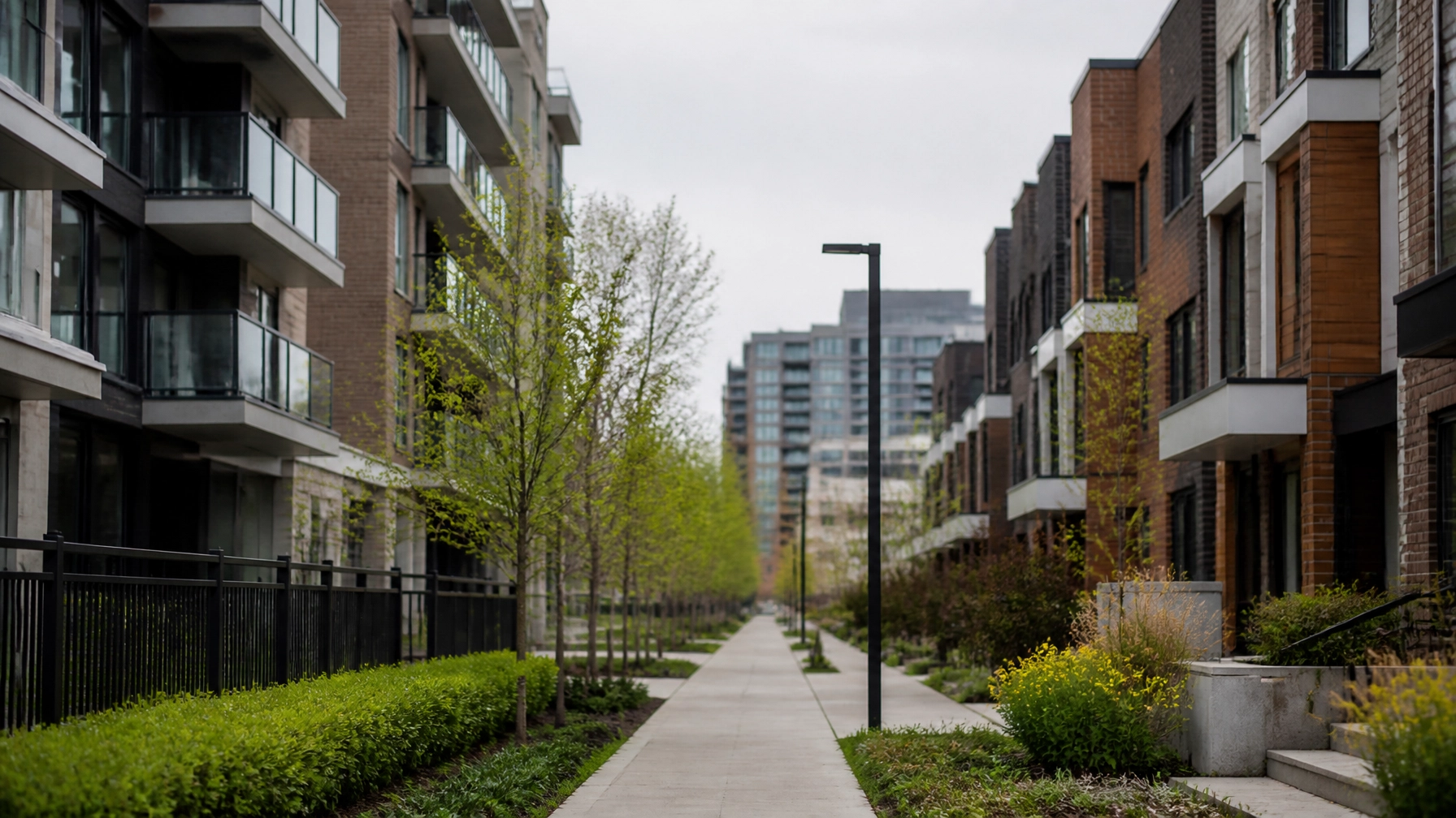 North York transit corridor with mid-rise condos on one side and newer freehold townhomes on the other