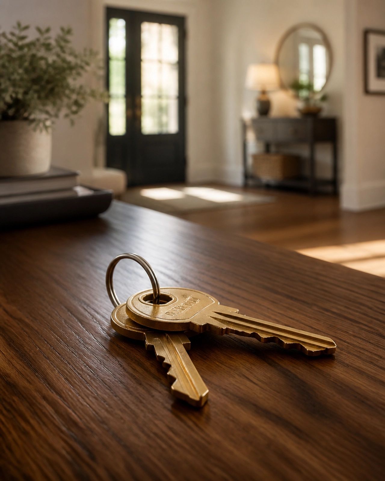 Set of house keys on a walnut table representing a successful closing