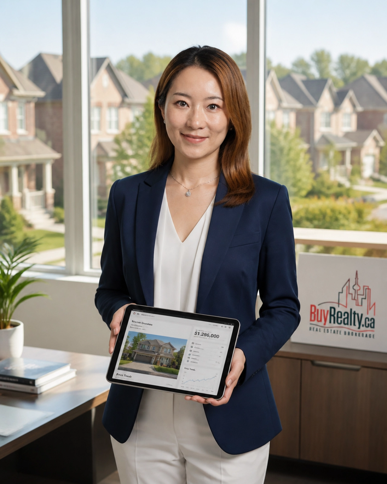 Cathy Dou, Broker of Record, standing in a professional office overlooking an Ontario neighbourhood, representing strategic advisory
