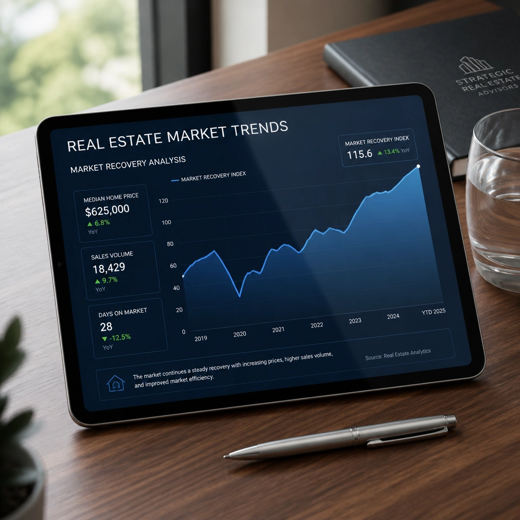 Market trends tablet on a walnut desk representing strategic planning