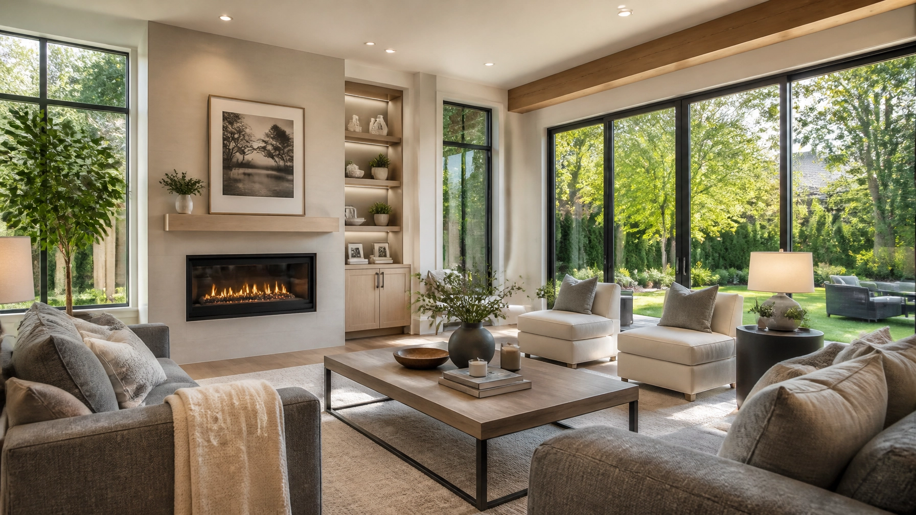 An aspirational, warm interior of a modern Ontario living room with large windows looking out onto a lush suburban backyard.