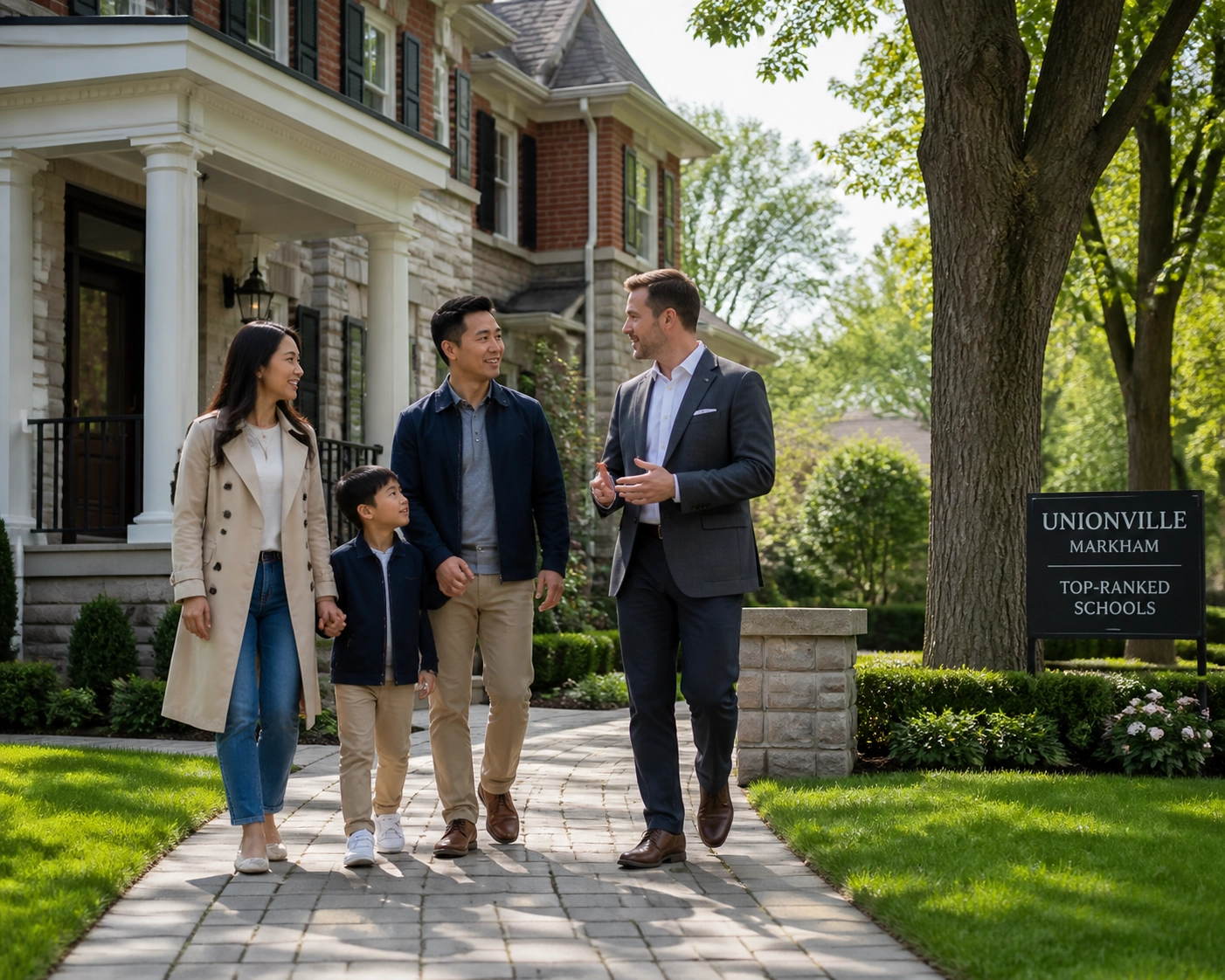 Real estate agent showing a luxury family home in a prestigious Unionville Markham school district.