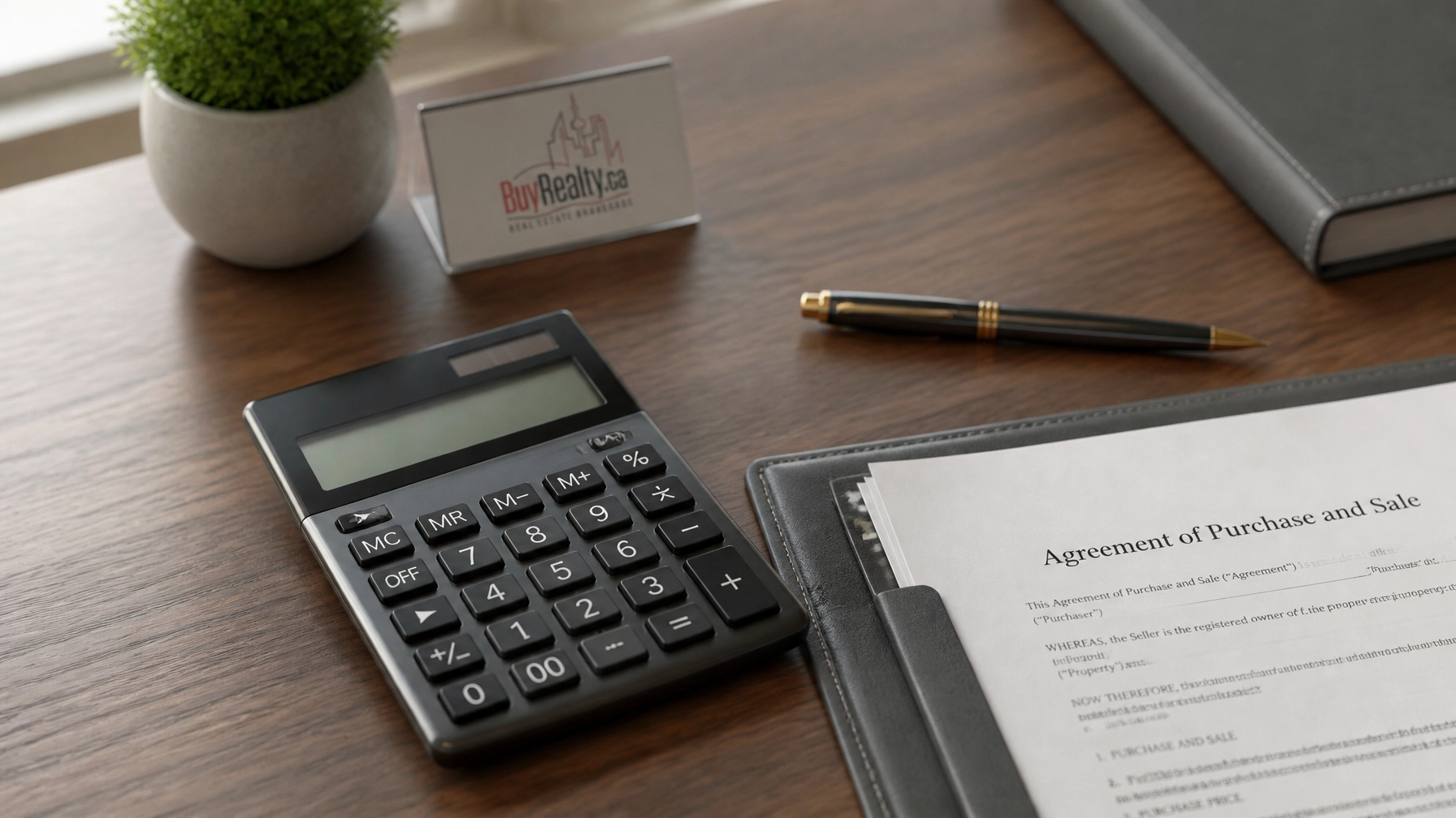 Close-up of a digital calculator and real estate documents on a walnut wood desk, symbolizing financial planning.