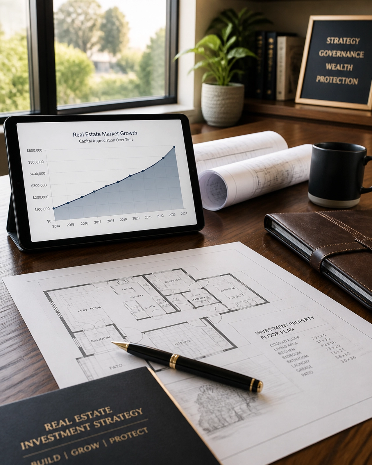 A professional real estate investment strategy session on a polished walnut desk featuring floor plans and market growth charts.