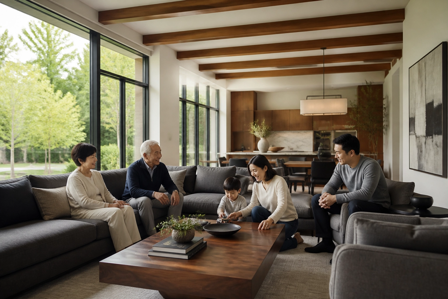 A multi-generational family in a spacious Markham living room, ideal for large family real estate.