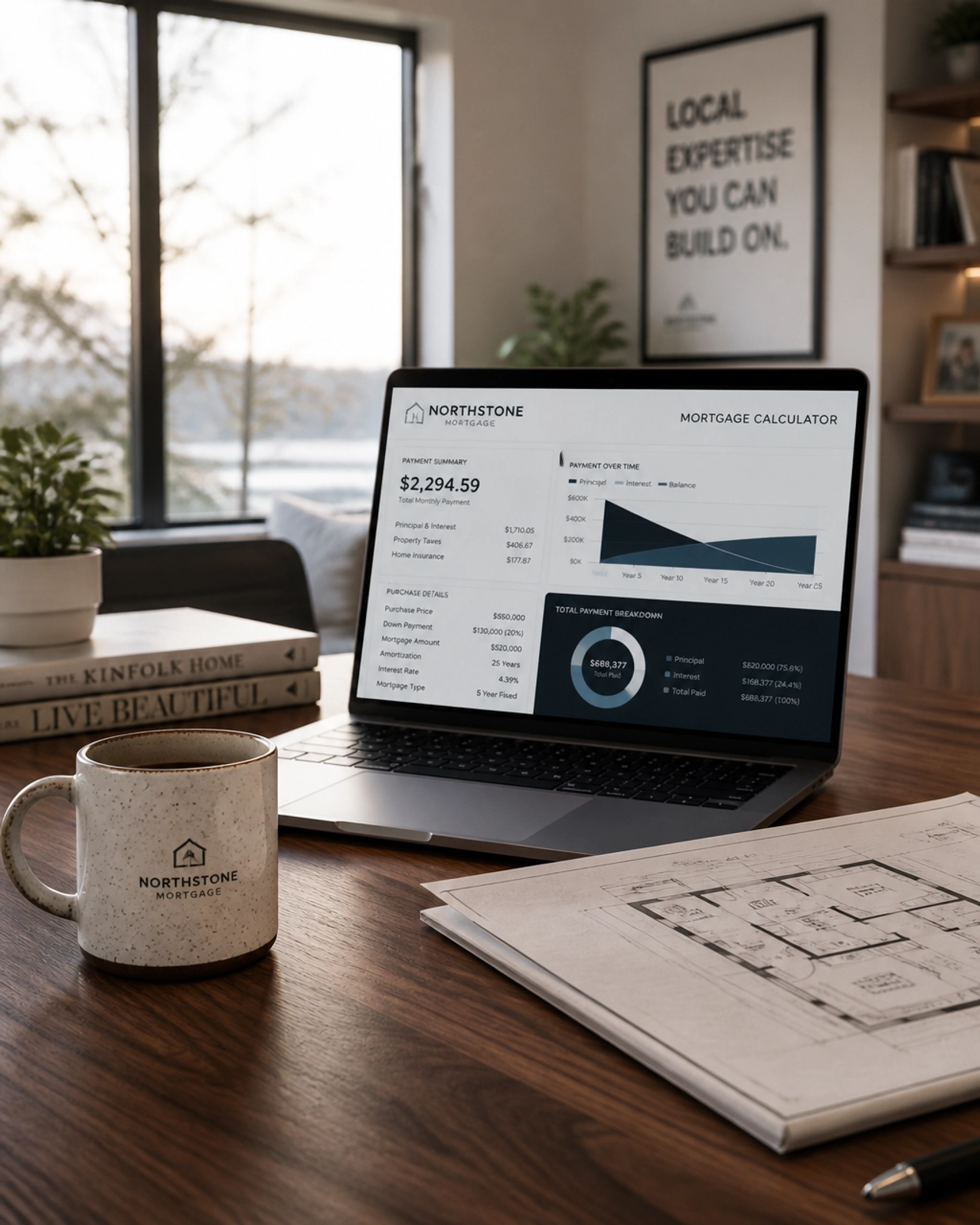 A modern interior home office in Ontario featuring a mortgage calculator on a laptop and professional documents.