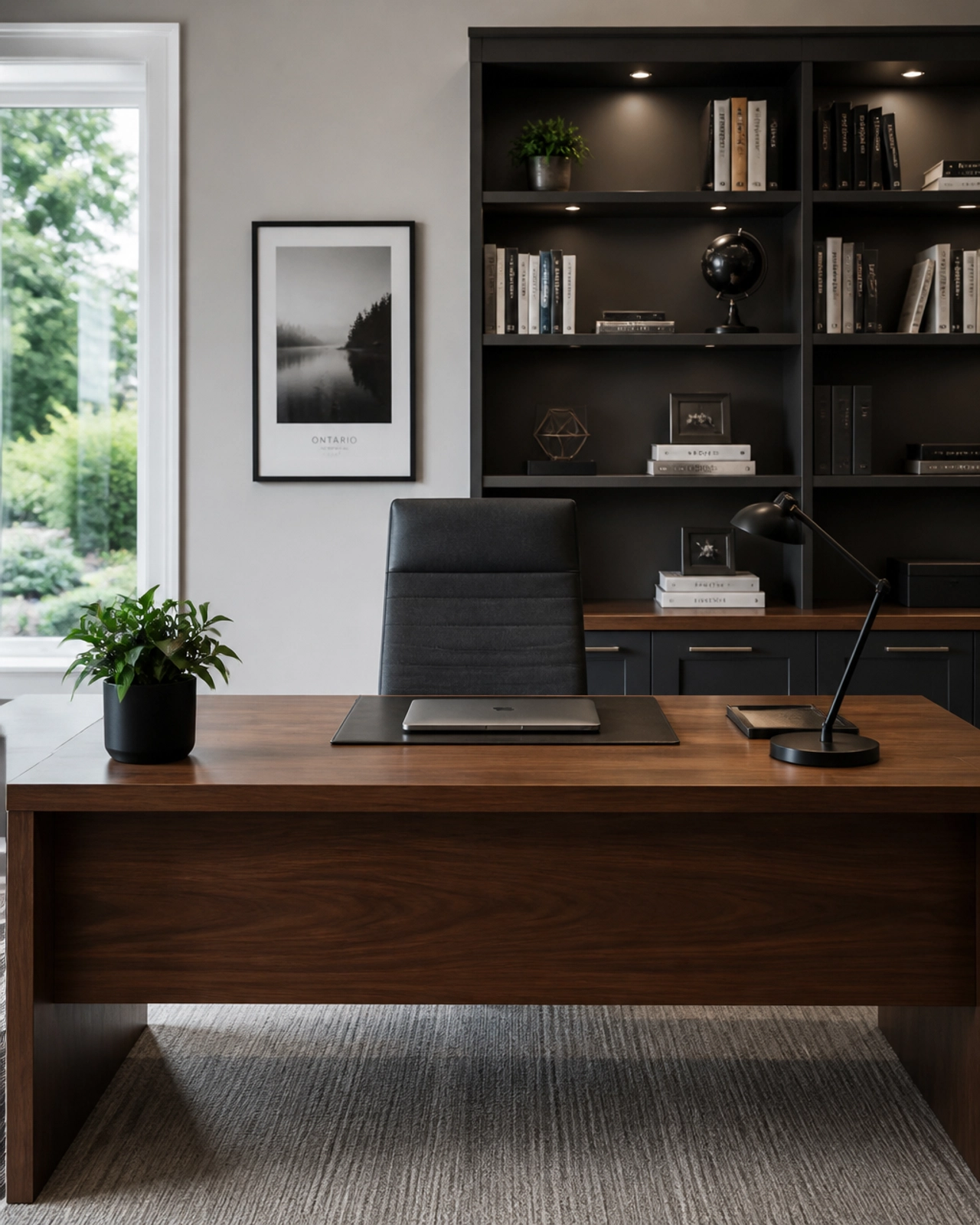 A professional and structured home office interior, representing the modern corporate warmth and strategic planning required in today's market.